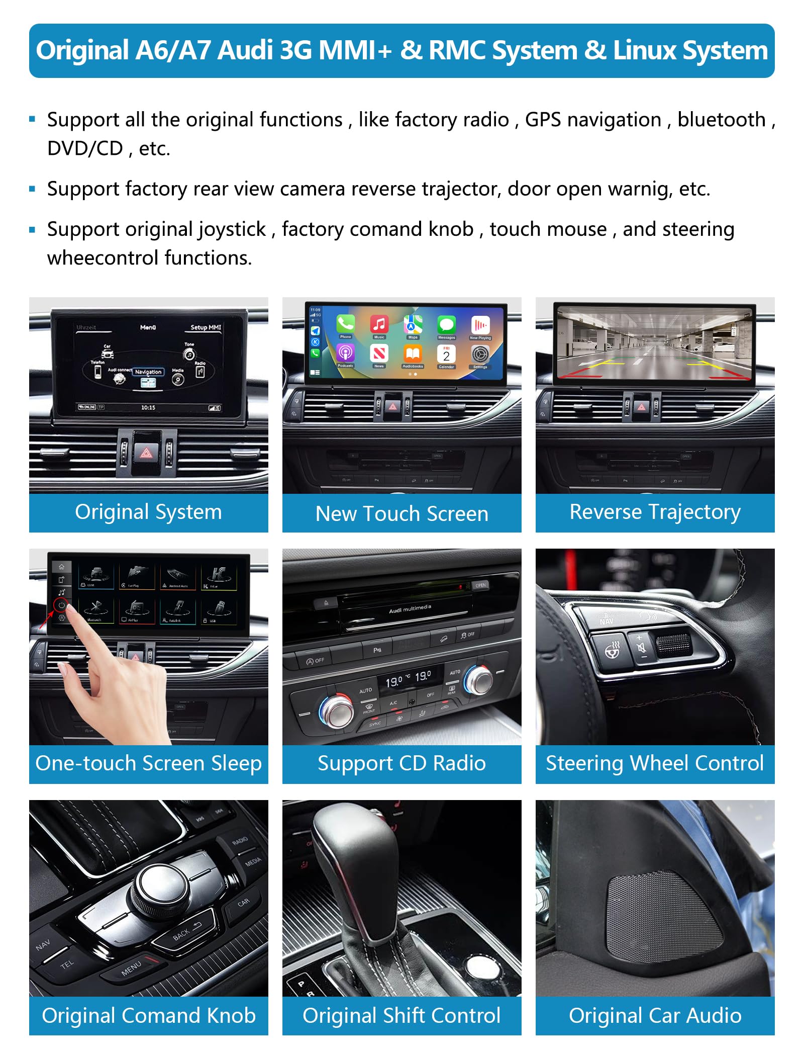 Autoradio touchscreen da 12,3 pollici con Carplay wireless e Android Auto per Audi A6 A7 2011-2018 con sistema 3G MMI/RMC, supporta Mirrorlink, telecamera, navigazione, Siri, musica