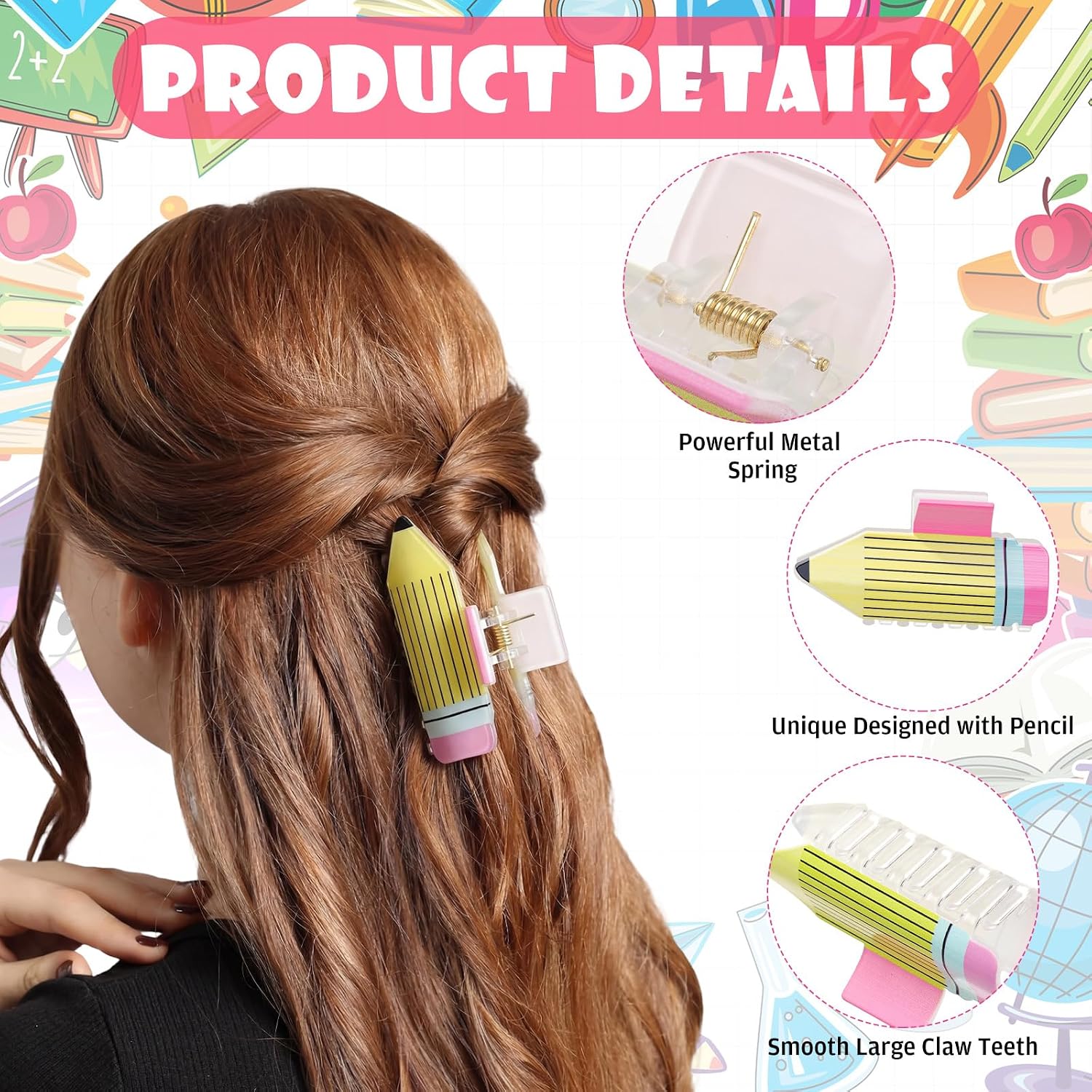 Suncalla 12 Sets Pencil Hair Claw Clips Teacher Appreciation Gifts with Greeting Cards Funny Cute Back to School Claw Barrettes Pencil Hair Accessories for Women Teachers Students
