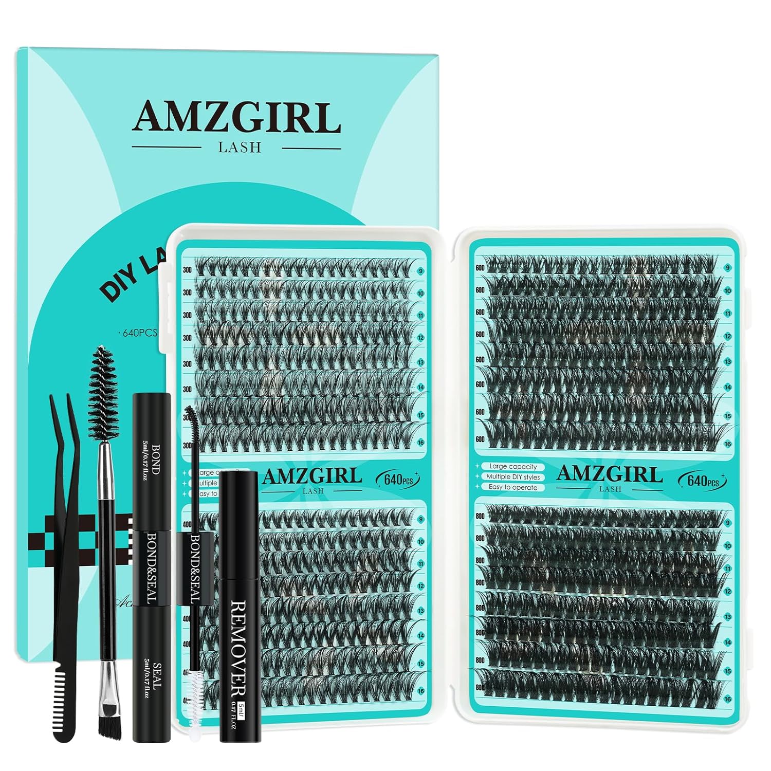 Lash Clusters Kit 640Pcs, 30D+40D+60D+80D Eyelash Extension Kit, Lash Bond and Seal Waterproof, Lash Remover, Lash Applicator Tool and Function Brush for DIY Lash Extension Kit(D-Mix9-16mm Kit)