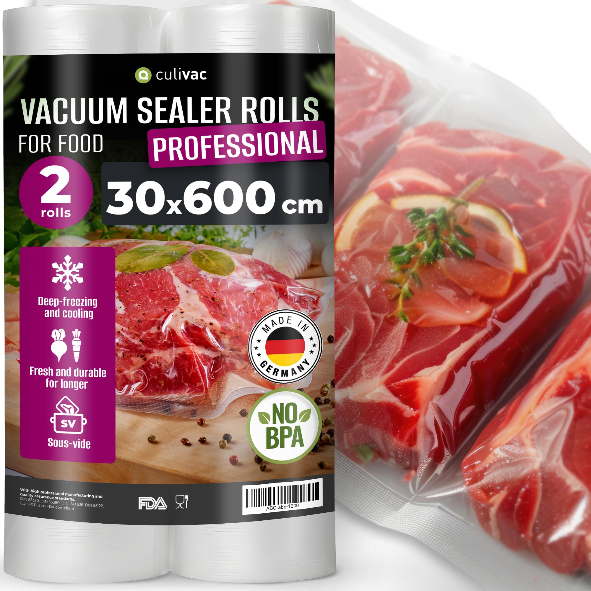 vacuum rolls film, film rolls vacuum bag, for all Balken vacuum film welding devices in professional quality, made in the EU (Germany) 2 Rollen PRO 30x600cm - fein, mit Vlies