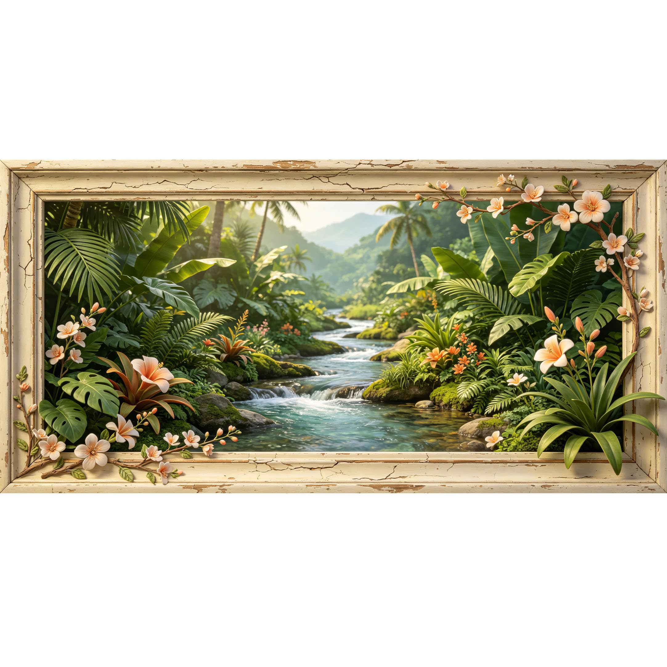 Agglomerix 3D Framed Wall Art Tropical River Landscape Botanical Relief Effect Large Size SelfAdhesive Removable Wall Decor Prints Artwork for Living Room Bedroom Office