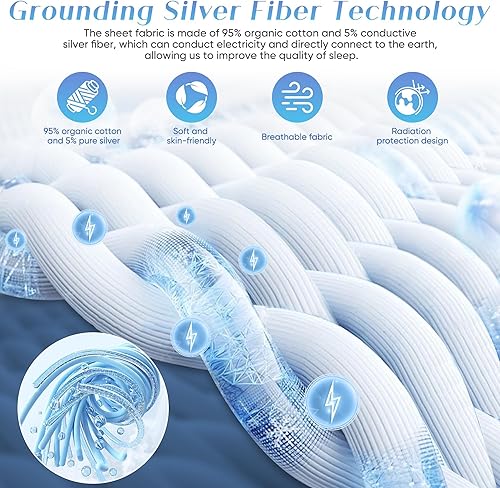 Miniatura 3 de Grounding Sheets - Sábanas tamaño Queen, 95% algodón orgánico + 5% fibra plateada pura, sábanas de tierra conectadas a tierra (Queen, 60 x 80 x 13