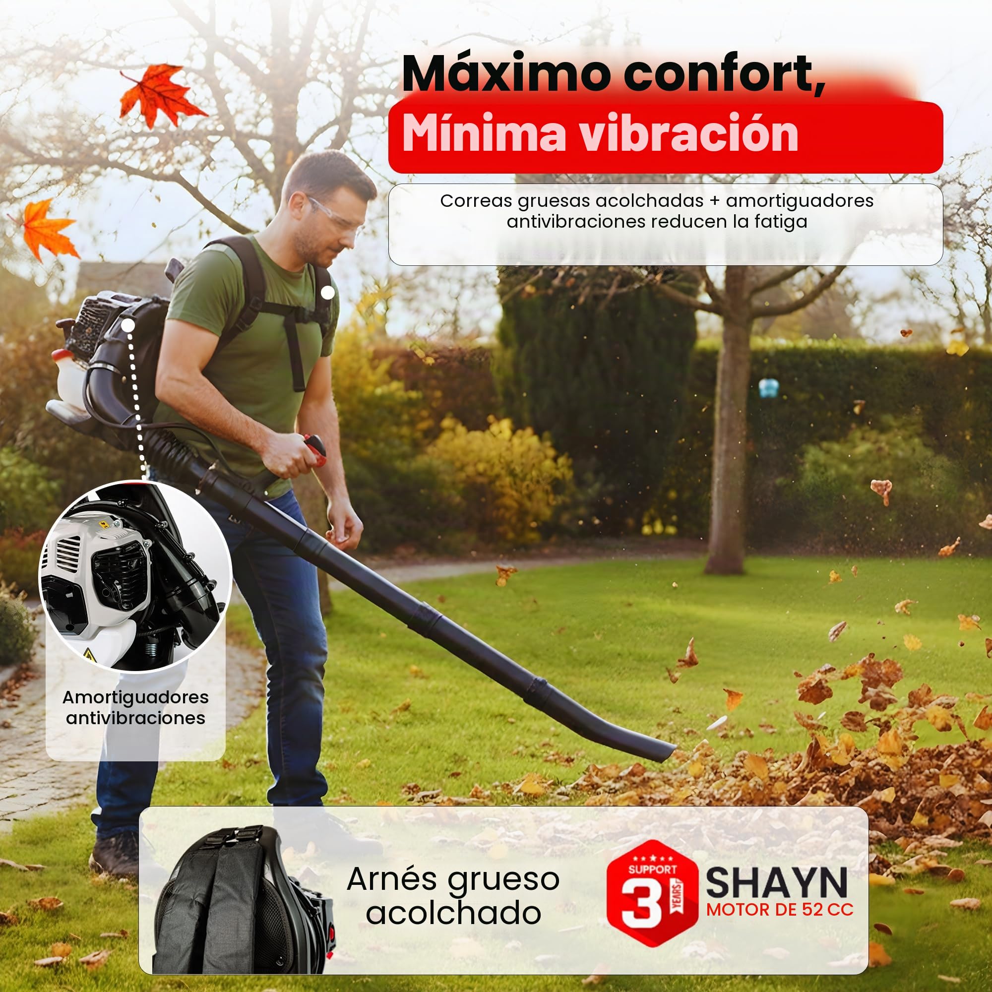 SHAYN Mochila sopladora de hojas de gasolina de 52 cc, fácil arranque, 170 MPH, potente soplador de hojas, gasolina, 890 CFM, antivibración, arnés acolchado, soplador de jardín de 2 tiempos para hojas