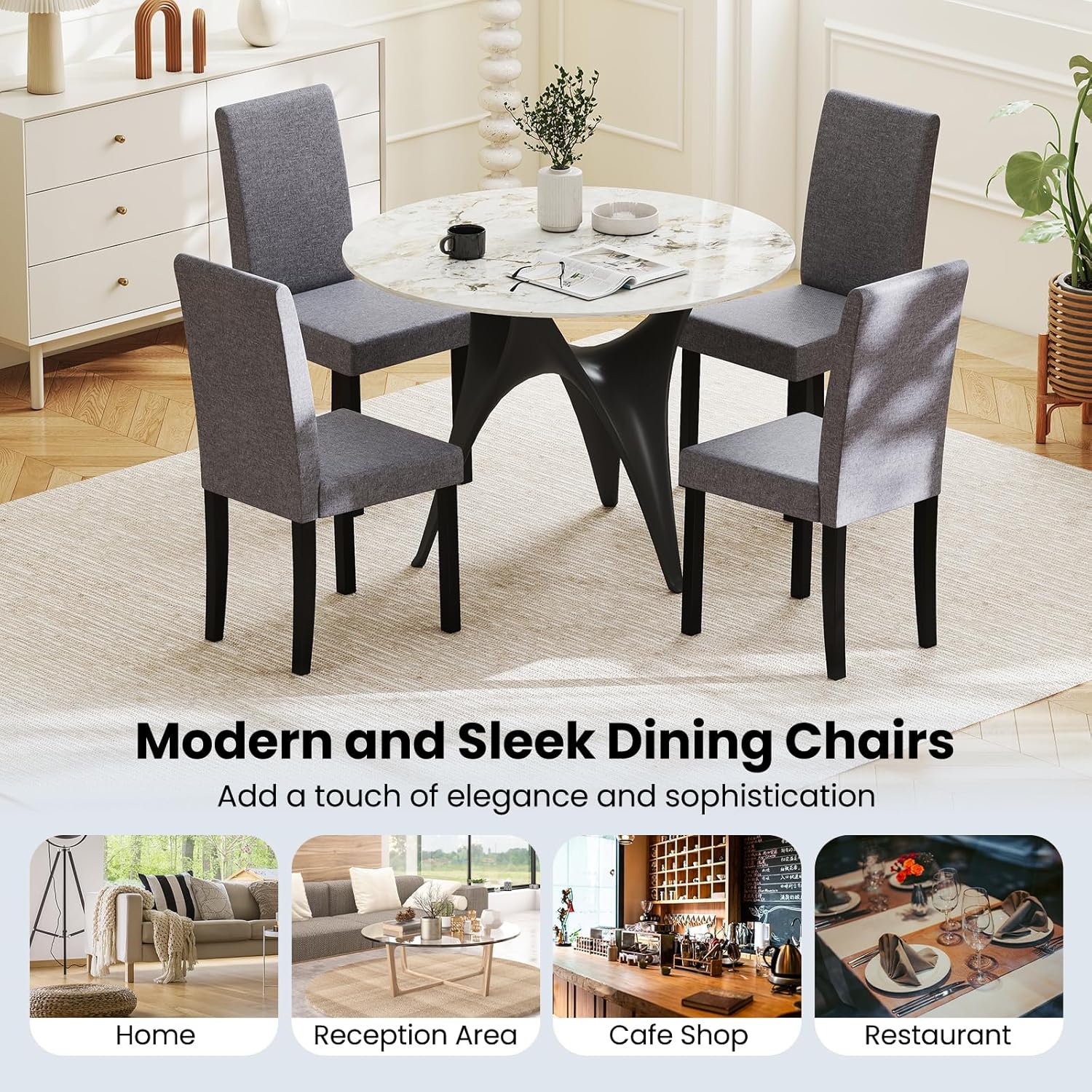 KOTEK Upholstered Dining Chair Set of 2, Mid-Century Modern Kitchen Chairs with Solid Rubber Wood Legs, High Backrest, Armless Side Chairs for Living Room, Dining Room (Dark Grey)