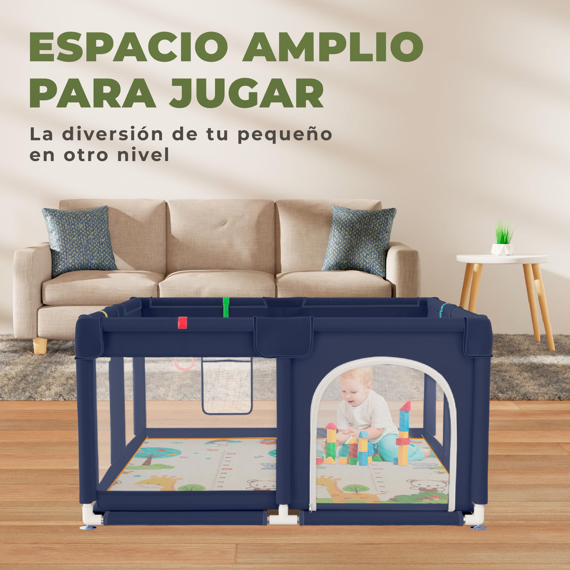 JUPPLIES Parque Infantil Bebe 120x120cm + Alfombra Bebe – Corralito Bebe con Malla Transpirable – Parque de Juegos Bebe Plegable con Puerta Lateral – Playpen Bebe - Azul