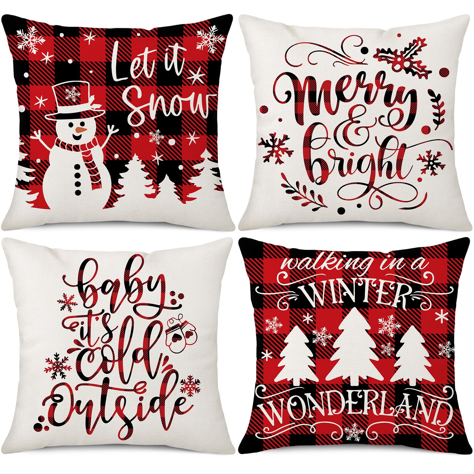 Ohok Set of 4 Christmas Pillow Covers Throw Pillow Covers Decorative Pillow Covers for Home Decor Sofa Couch Chair Bed Bedroom Living Room (Red and Black Plaid Christmas Tree Snowman)