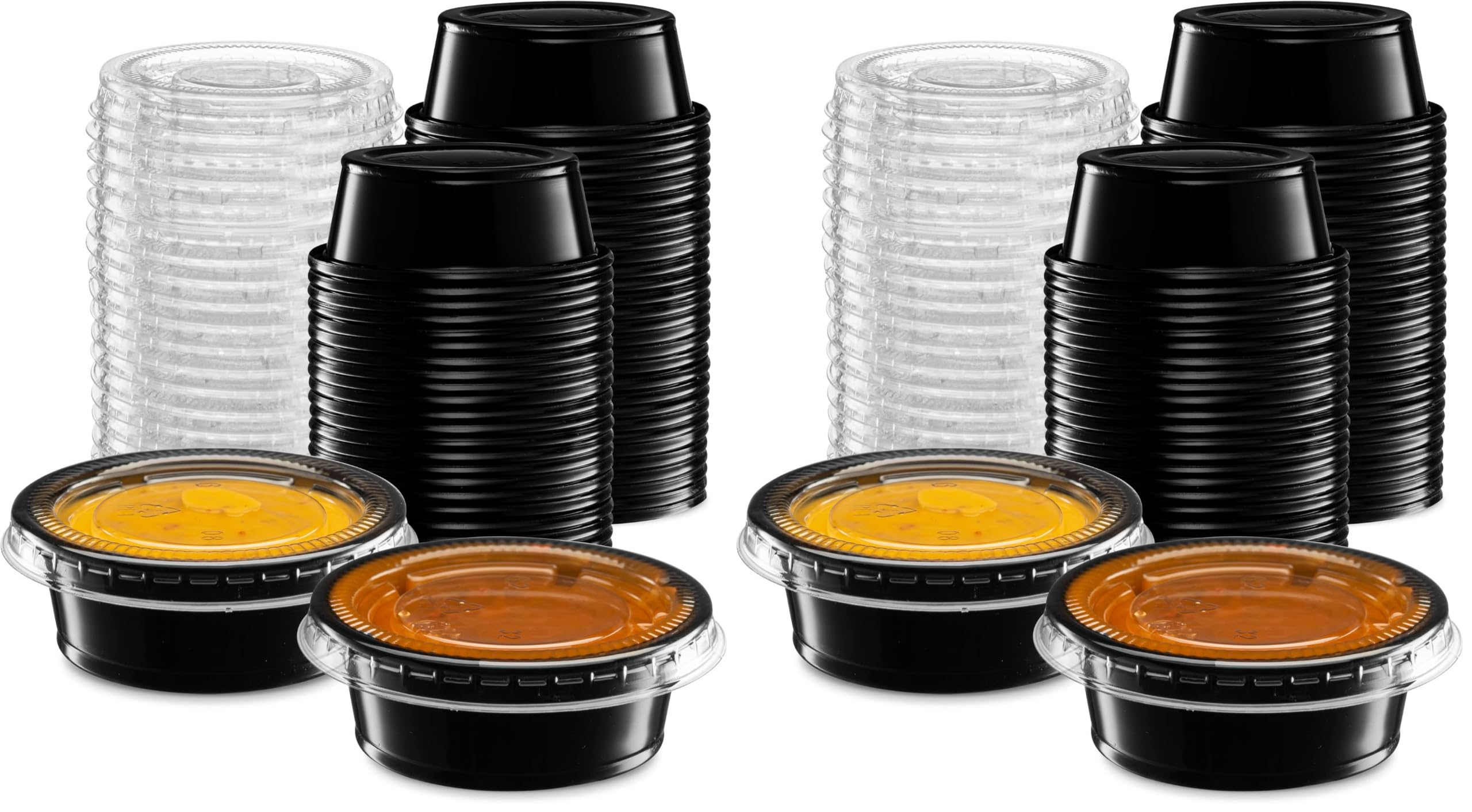 1.5 oz - 100 Sets Black Diposable Plastic Portion Cups With Lids, Small Mini Containers For Portion Controll, Jello Shots, Meal Prep, Sauce Cups, Slime, Condiments Disposable Souffle Cups (Pack of 2)