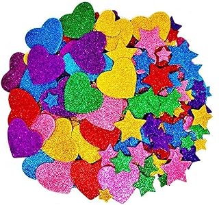 Mtxorvix 300Pcs Colorful Glitter Foam Stickers Self-Adhesive Stars & Mini Hearts - Crafts Supplies for Greeting Cards, Hom...