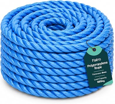 Flatro Blue Polypropylene Rope 20 Meter Long 8mm Strong Cord 885kg Breaking Load Capacity | Hard Wearing 3-Strand Strong Rope | Best for Tarpaulin Strapping Items Cargo Boating | Washing Line