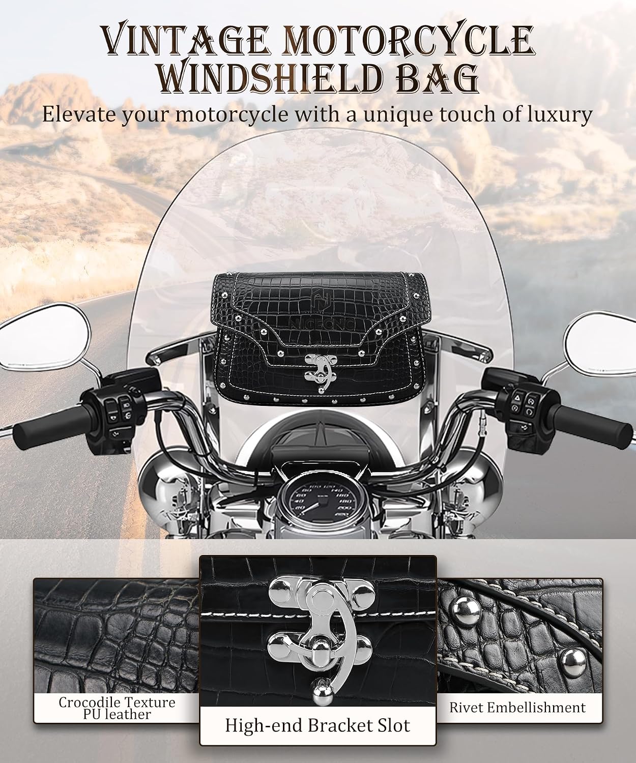 NICECNC Motorcycle Windshield Bag, Vintage Crocodile Texture PU Leather, Windscreen Studded Pouch Compatible with Road King 1995-2019 2020 2021 2022 2023 Softail, Quick Access, Easy to Install
