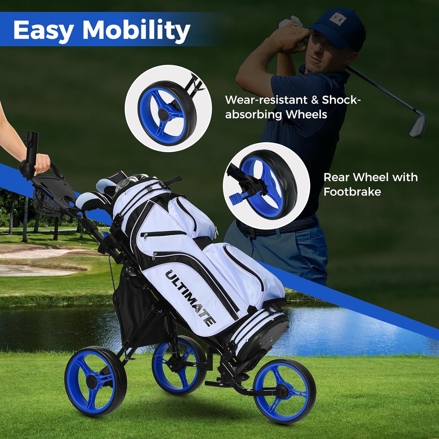 ULTIMATE 3 Wheel Golf Push Pull Cart, Foldable Lightweight Golf Bag Trolley w/Adjustable Seat and Handle, Scorecard Holder, Umbrella Holder, Cup Holder, Storage Bag and Foot Brake