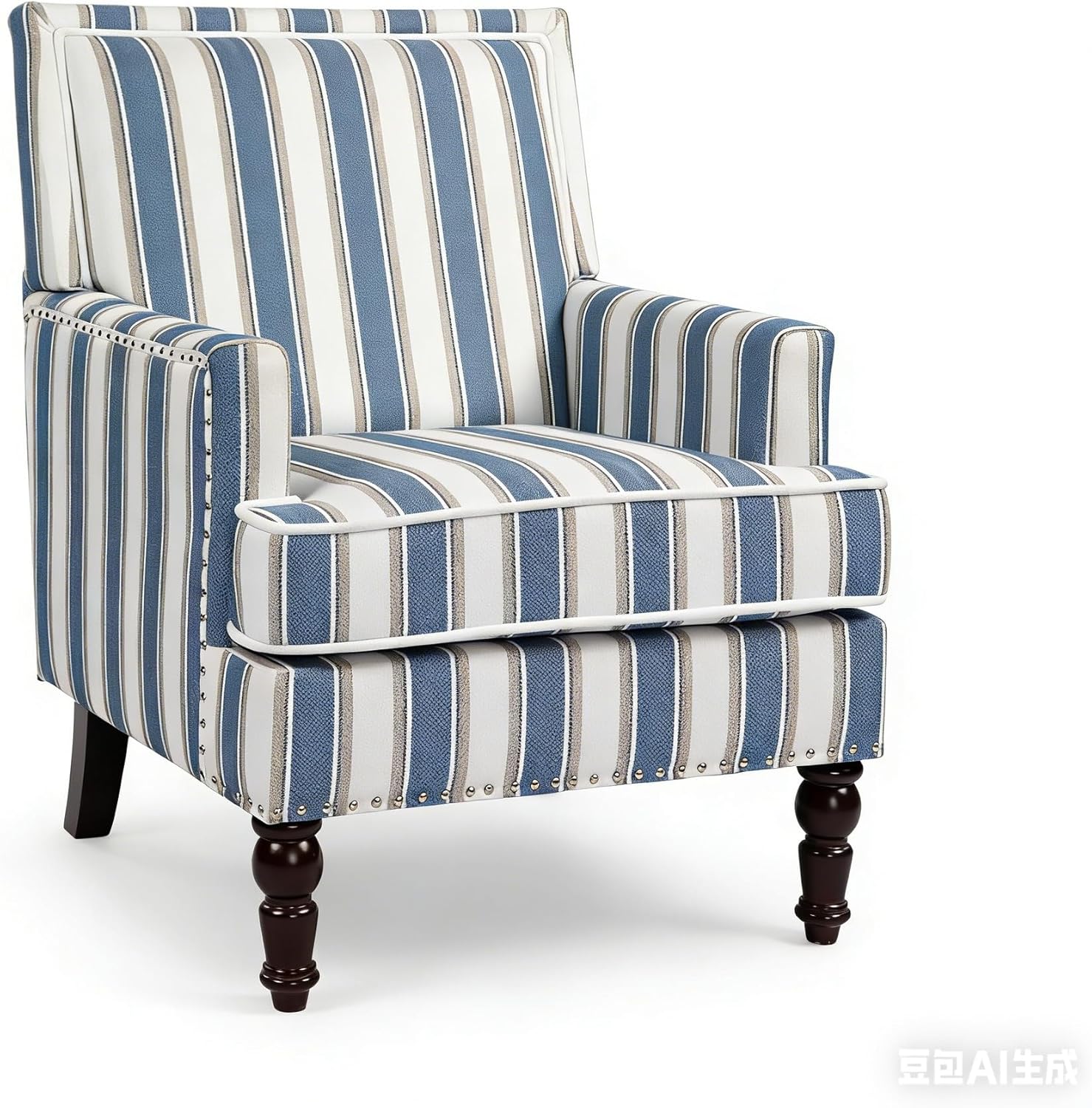 Accent Chair, Modern Comfy Mid-Century Accent Chairs，Linen Upholstered Lounge Arm Chair with Solid Wood Reading Side Padded Single Sofa for Living Room/Office/Balcony/Bedroom-Blue Stripe