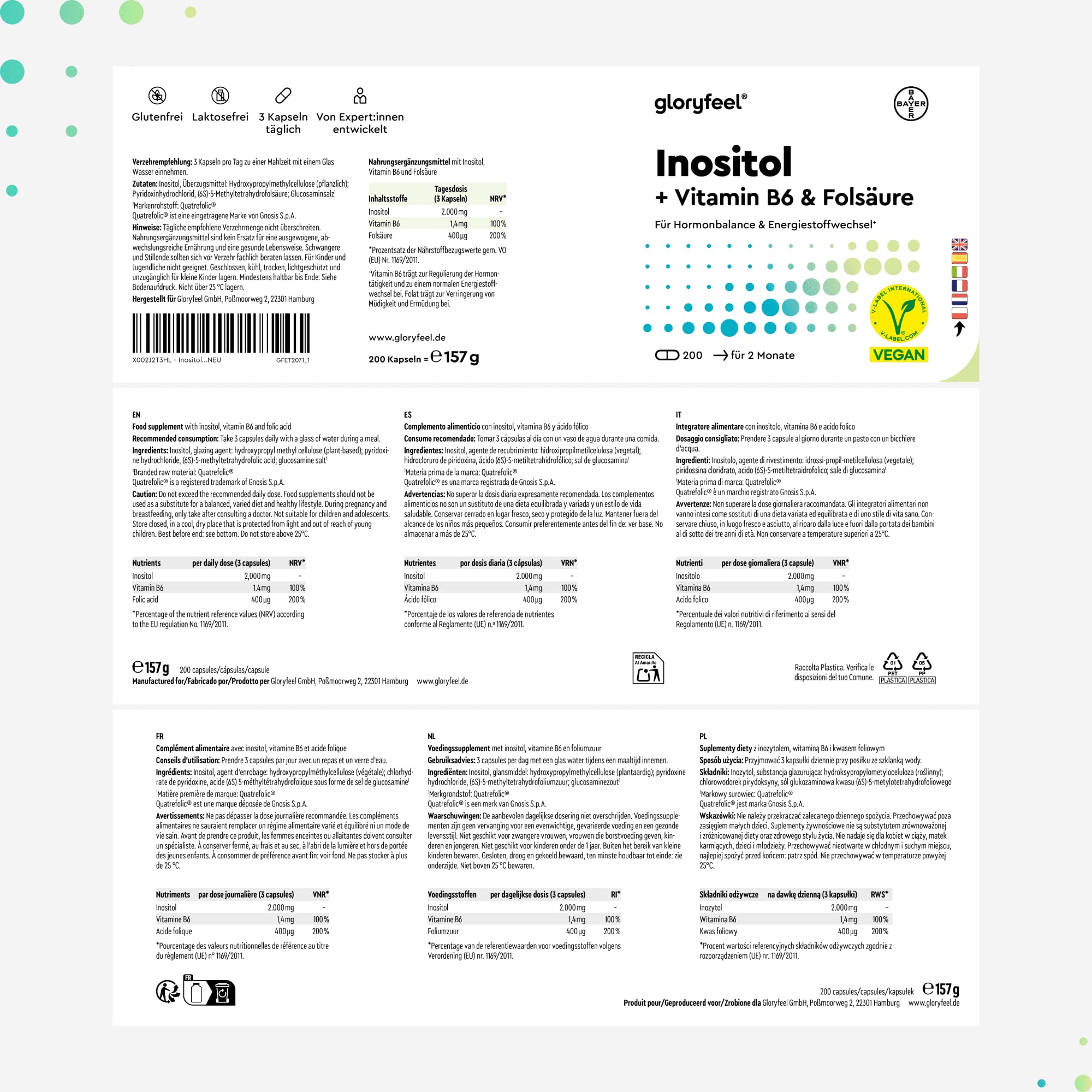 Inositolo Integratore, con Acido Folico Quatrefolic®, Vitamina B6, 2000mg di Inositolo per Dose, Integratore per il Benessere Femminile, 200 Capsule, Senza Additivi