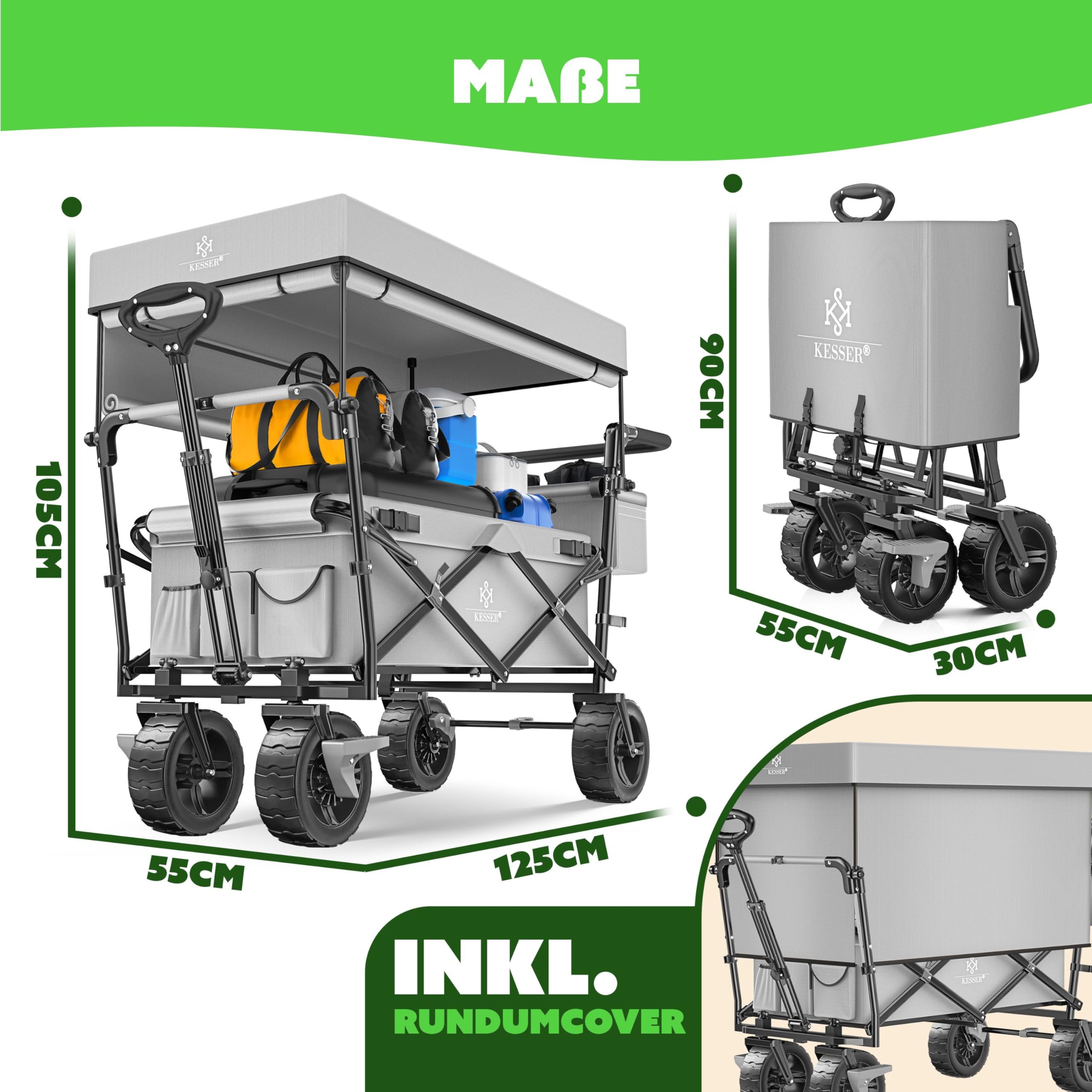 KESSER® Bollerwagen faltbar GT9000 Handwagen mit Dach | Transportwagen max. belastbar bis 150kg mit Hartgummi-Räder & Feststellbremsen (Vorne & Hinten) | Inkl. Schloss, Abdeckung, Wetter & Sichtschutz