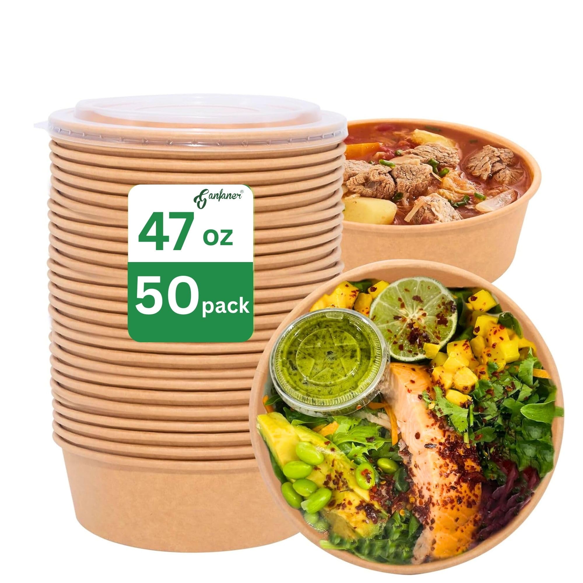 Cuencos de papel desechables extragrandes de 46 onzas con tapas, 50 unidades a prueba de fugas, recipientes de comida preparada para microondas, cuencos de ensalada desechables con tapas para llevar a