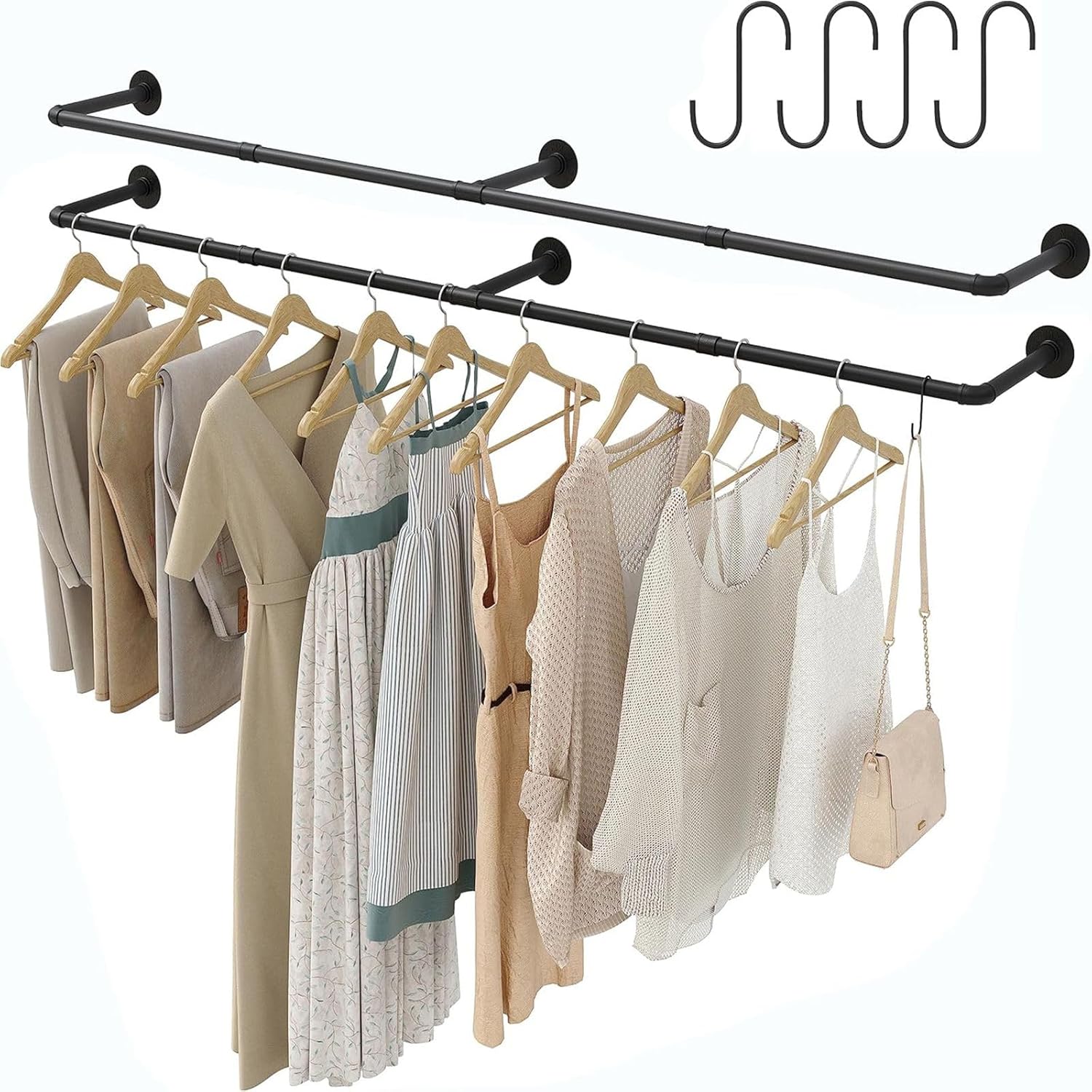 Industrial Pipe Clothes Rack, Heavy Duty Wall-Mounted Black Iron Clothes Rod, can be used to hang plants in windows or outdoors, suitable for laundry rooms and wardrobe storage. (2)
