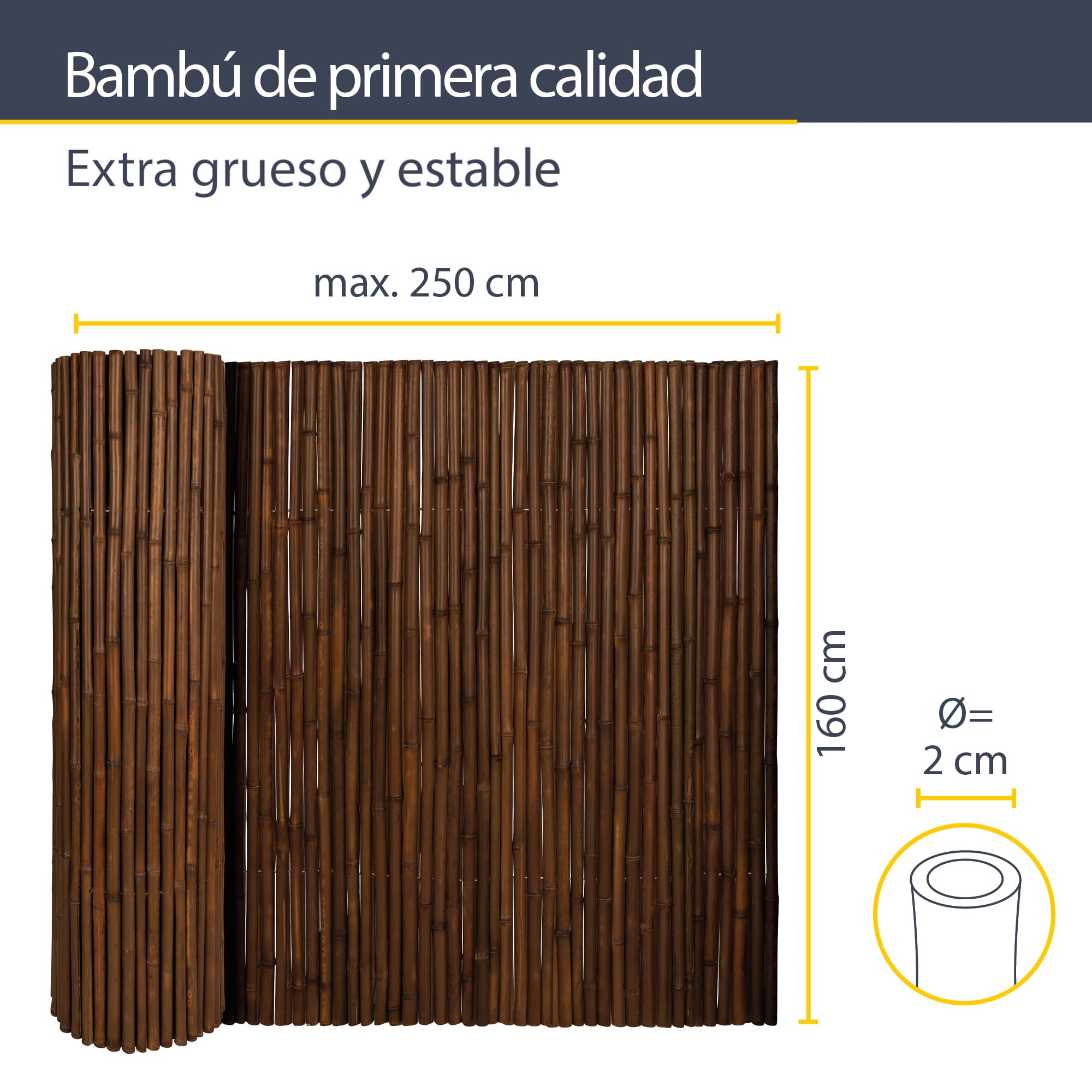 Sol Royal Valla de Bambú Premium 120x250cm B23 Marrón Oscuro - cañas de bambú endurecido Ø 2-3cm, Valla de bambú Resistente a la Intemperie para Interiores y Exteriores