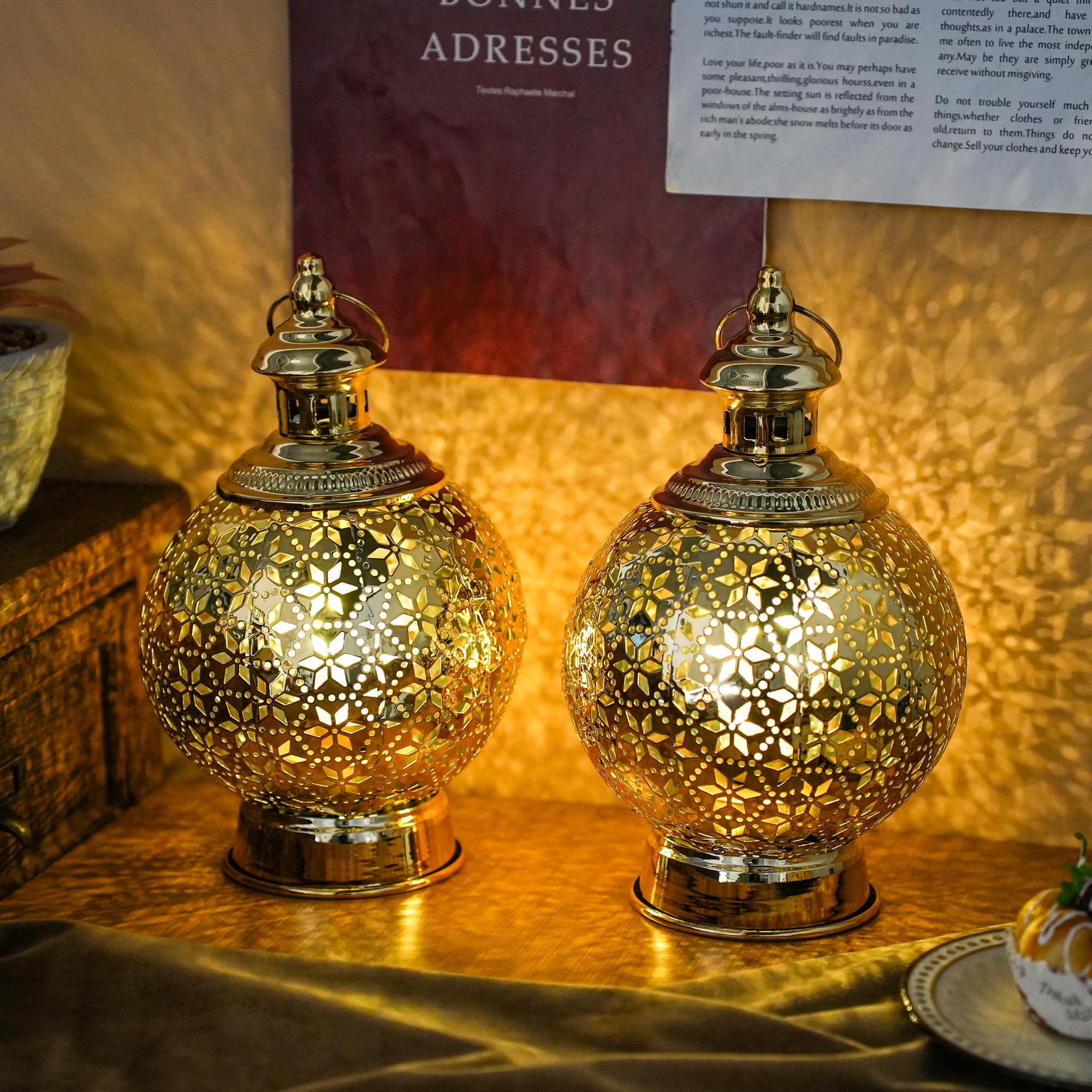 TRIROCKS Złota marokańska latarnia, 26 cm, wysokie, metalowe lampiony do ogrodu, lampiony ogrodowe, lampa ramadanowa, marokańskie lampy do salonu, na patio, podwórko, ścieżkę i korytarz