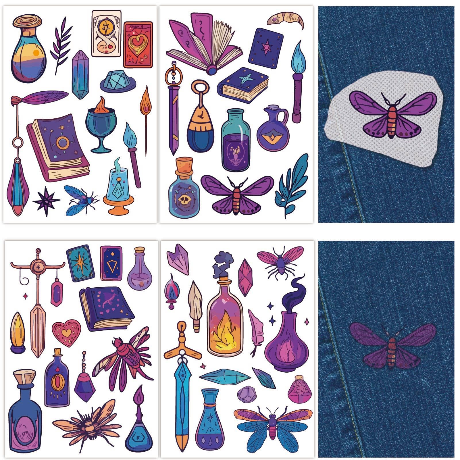 CRASPIRE 4 Sheets Tarot Magic Books Water Soluble Embroidery Patterns Boho Crystal Moth Sewing Stick and Stitch A4 Transfers Fabric Stabilizers Wash Away Pre-Printed Self Adhesive for Cloth DIY Lover