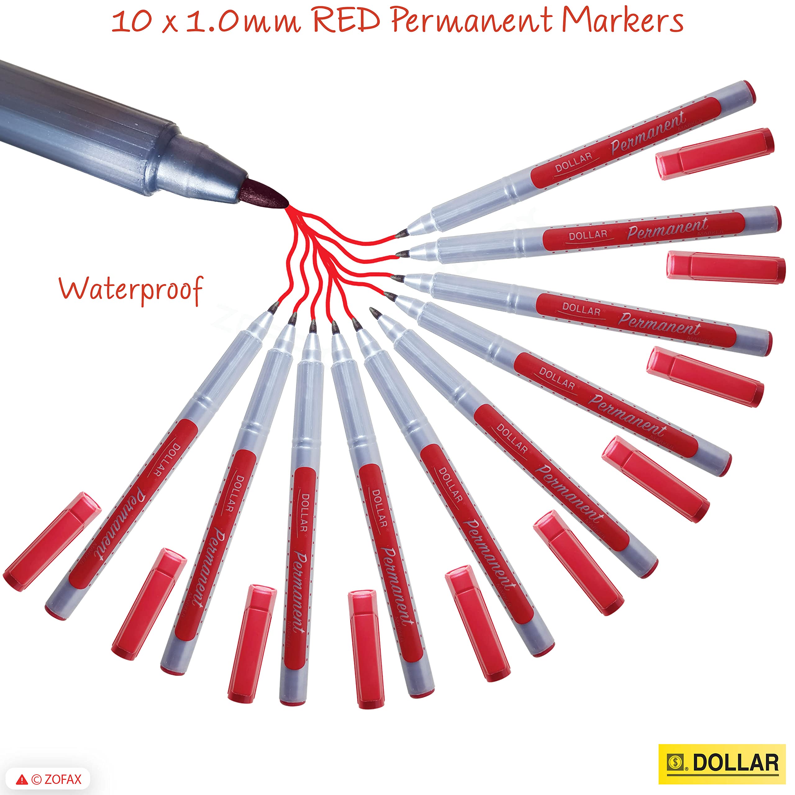 DOLLAR UM 1.0 Permanent Marker Pens, RED, Medium Point (1.0 mm), Pack of 10, Waterproof, Quick Drying, Mark Write Sketch - Image 2