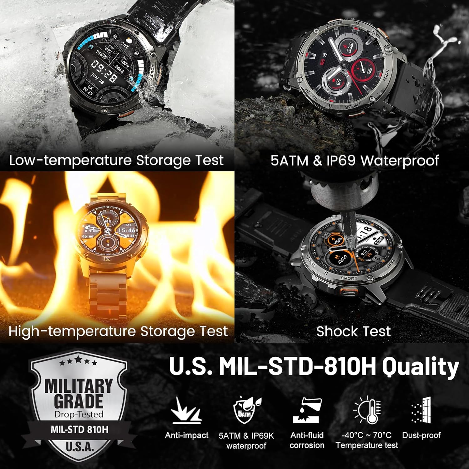 KOSPET TANK T3 Smartwatch Herren, 60 Tage Akkulauf, 50m wasserdicht, militärgetestet, Vollmetallgehäuse, 1,43" AMOLED