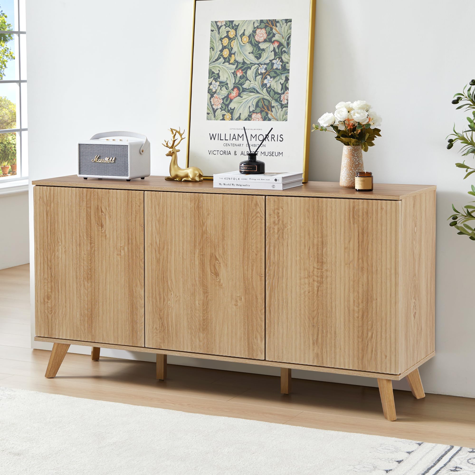 Fluted Sideboard Buffet Cabinet with Storage, Modern Storage Cabinet with 3 Doors, Wood Credenza Buffet Sideboards, Bar Cabinets Console Table for