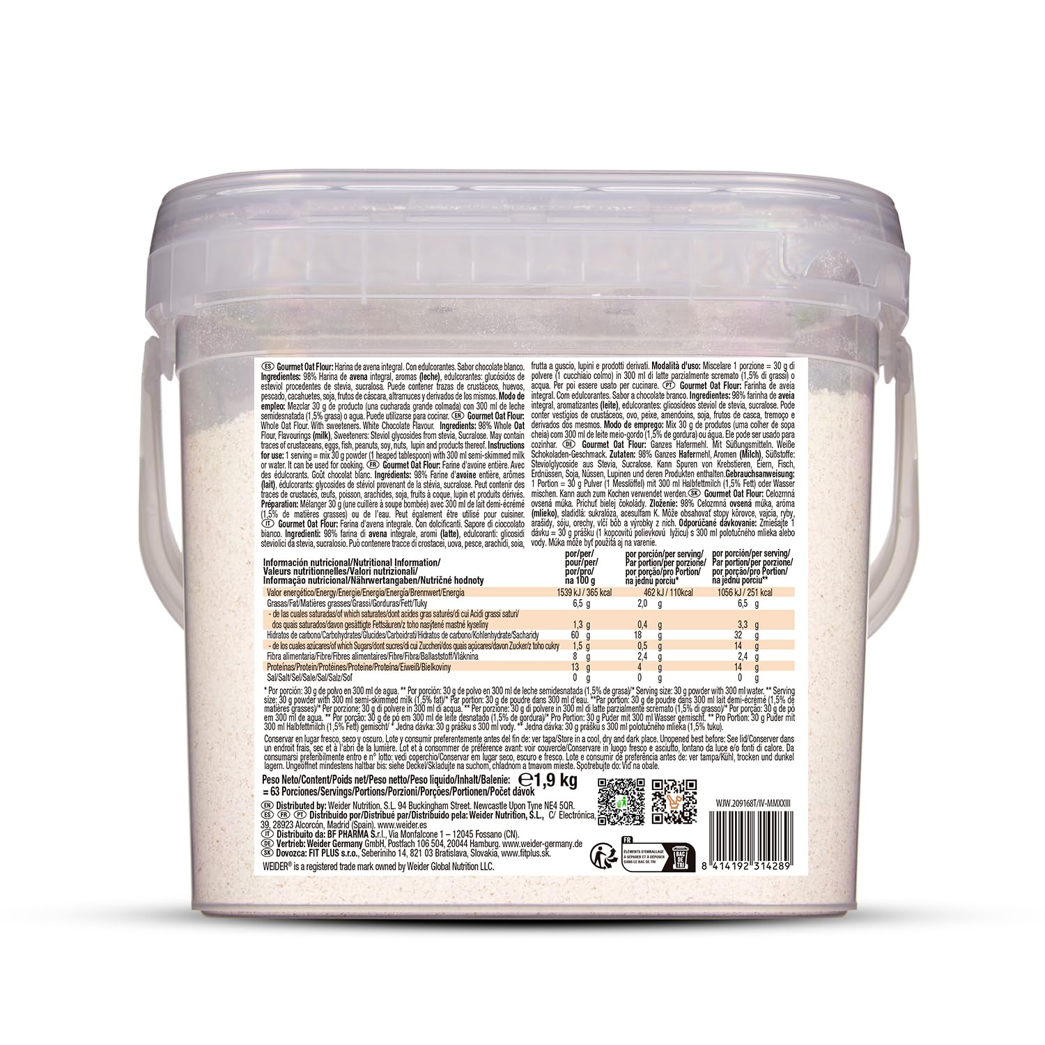 Weider Oat Gourmet Harina de Avena Integral, Fuente de Proteína con Bajo Contenido en Azúcares, Sabor Chocolate Blanco, 1.9 Kg