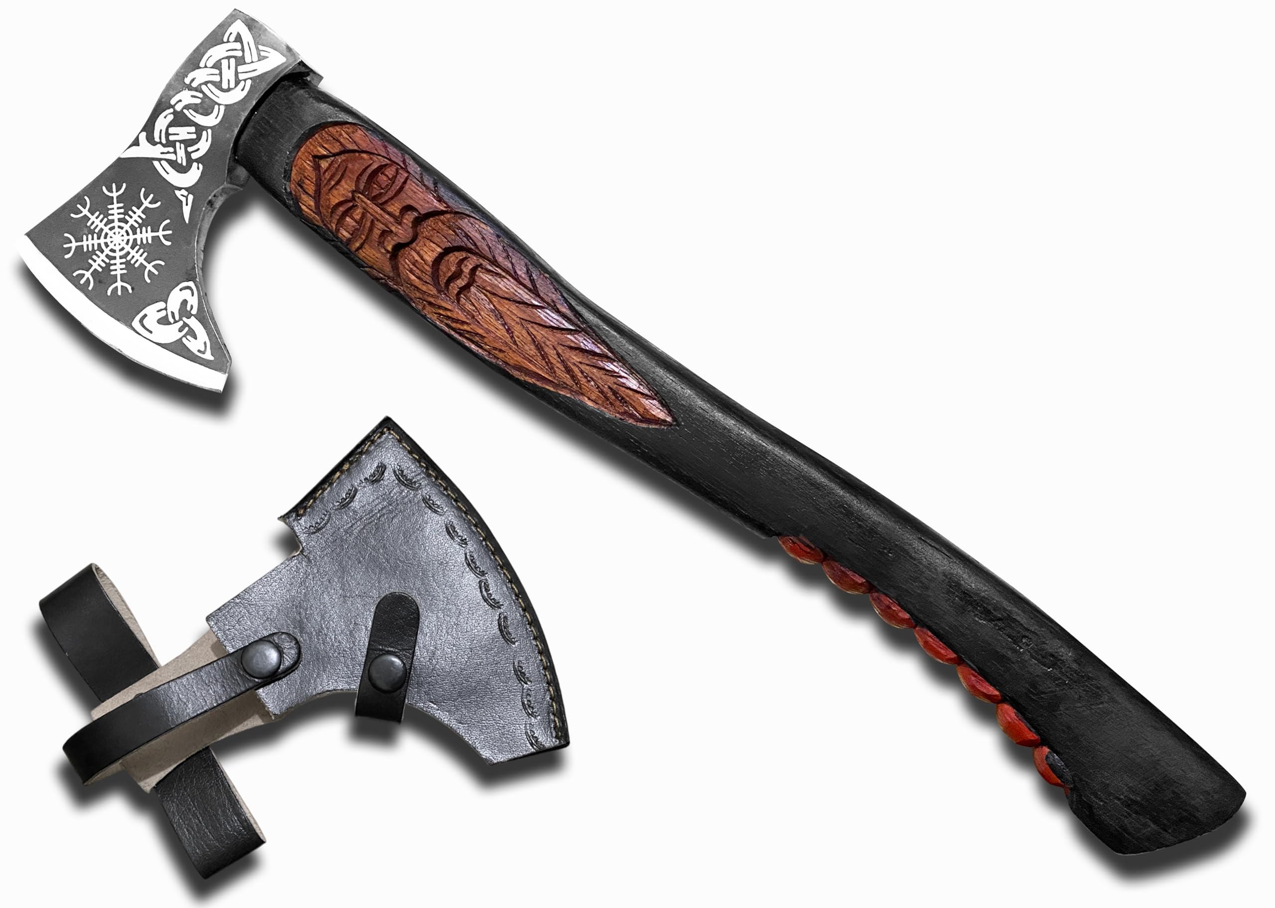Novahaven Ragnarök - Hacha forjada a mano para exteriores de 22 pulgadas – Regalo y coleccionable de acero al carbono con mango de madera de fresno tallada, diseño de lobo y dragón, funda de piel para