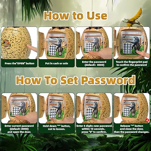 Miniatura 6 de Alcancía para niños, banco de dinero de huevos de dinosaurio con desbloqueo de huellas dactilares, luz nocturna, música, cajero automático de