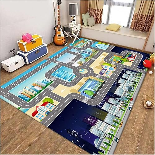 Alfombra de juego para sala de juegos, 4.6 x 6.6 pies, caminos de la ciudad, mapa de escena de tráfico, coche, caminos de juguete, pista de