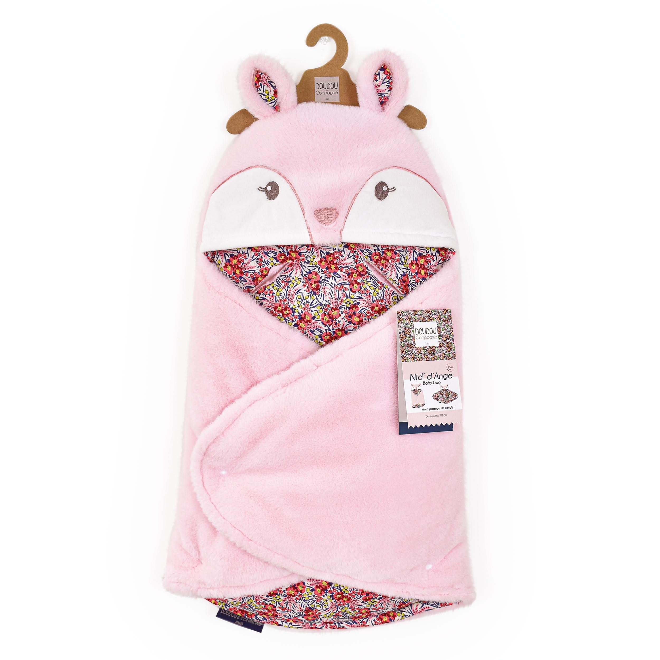 DOUDOU ET COMPAGNIE - Nid d'Ange Douillet BOH'AIME FAON - Couverture Matière Peluche Rose et Fleuri - Pour Siège Auto, Cosi, Poussette - Bébé 0 à 6 Mois - 69 cm - Cadeau De Naissance - DC4031