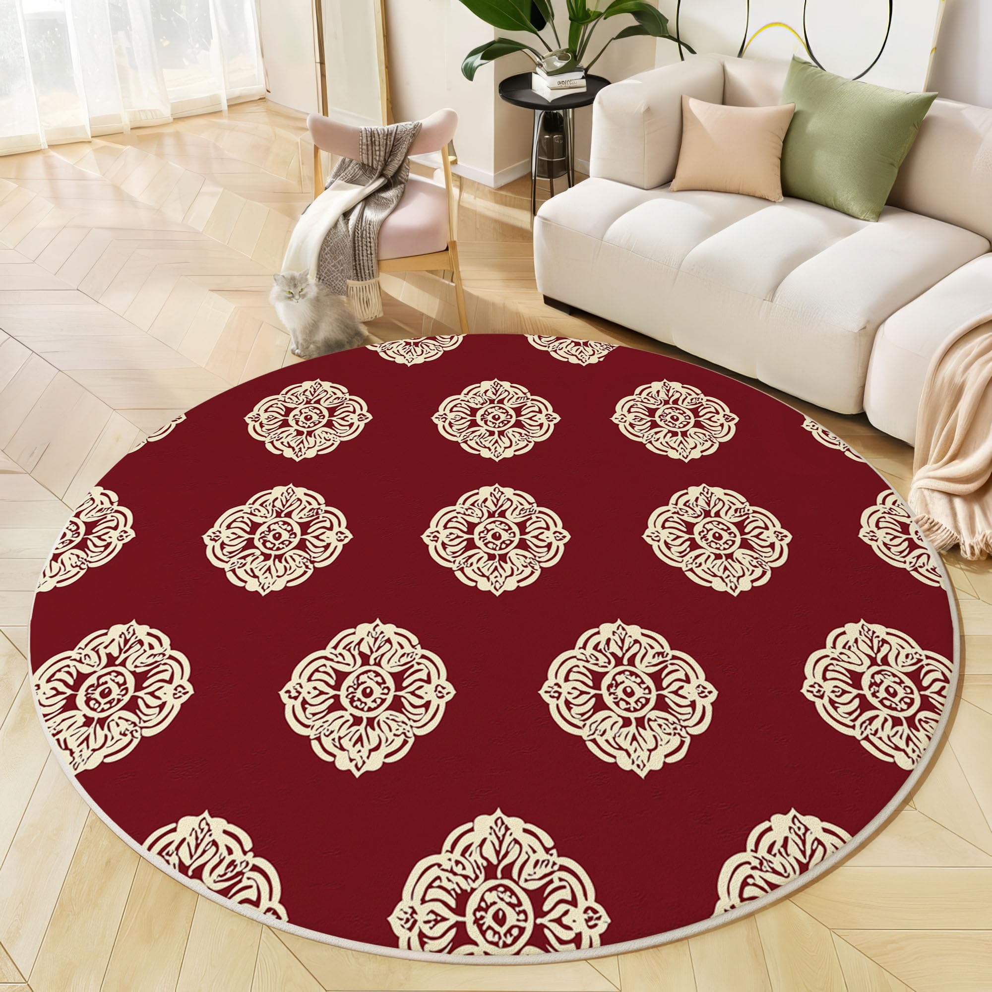 Tapis Rond 120cm, Microfibre Douce Tapis Circulaire Ethnique Art, Moquette Salon Chambre, Imprimés Symétrie Mandala Antidérapant Lavable Moquette de Décoration, Bordeaux