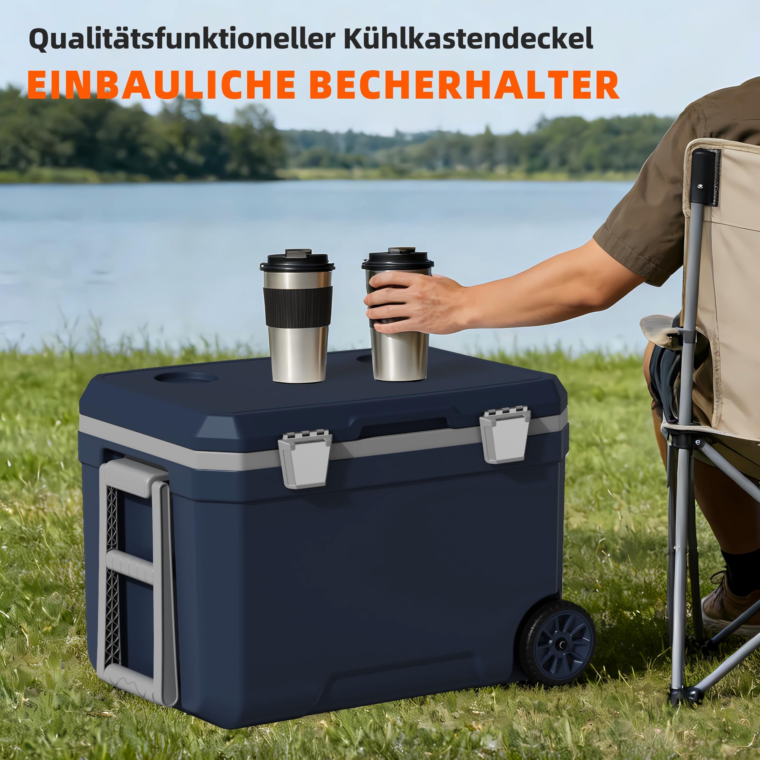 WISD 45L Kühlbox mit Rollen und Griff – Große Camping Kühlbox mit Metallverschlüssen & Ablaufstopfen – Robuste Passive Kühlbox für Picknick, Angeln & Outdoor