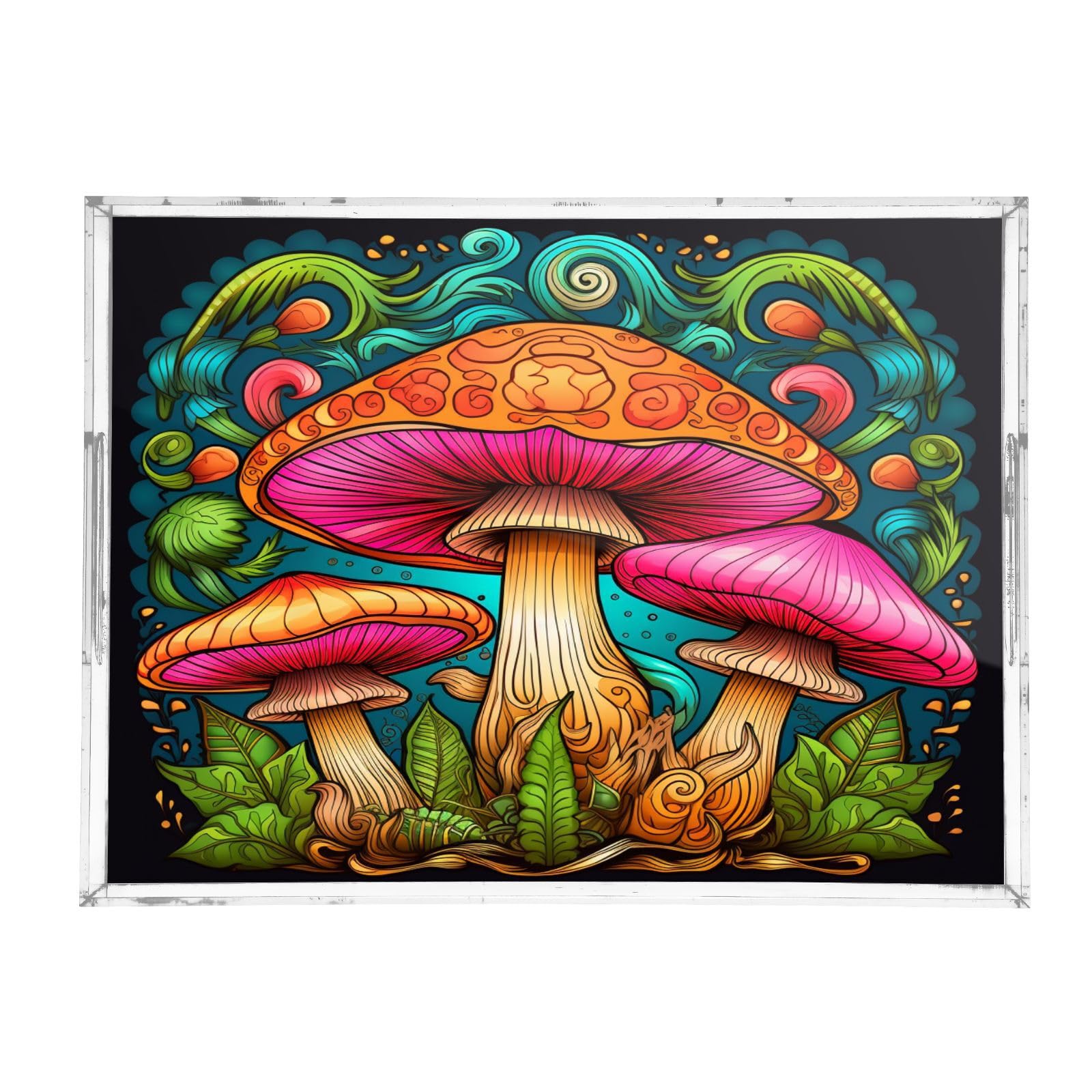 IOACIY Clear Serving Tray 12x16 Inches Acrylic Decorative Tray Organiser for Ottoman Coffee Table Countertop with Handles, Cute Mushroom (1)