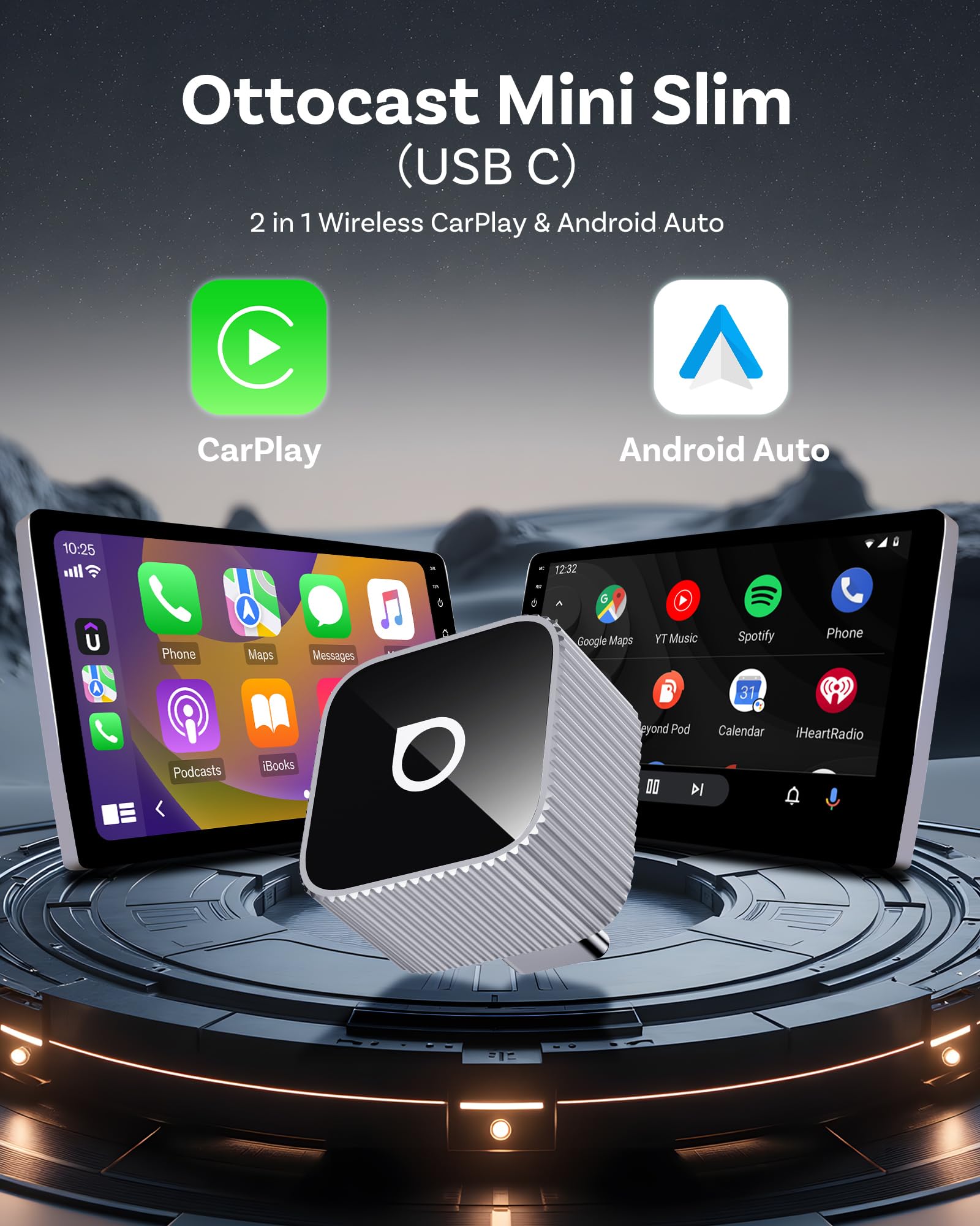 Ottocast Mini Slim 2026 - Adattatore Wireless CarPlay E Android Auto, USB-C, Compatto, Riconnessione Automatica - Nero