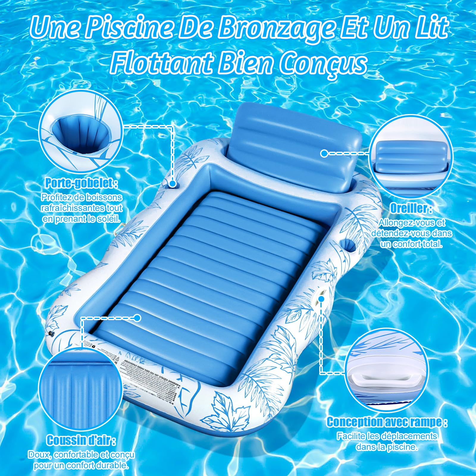 Charmofun Matelas Gonflable Piscine, Gonflable Tanning Pool Flotteur de Piscine pour Adultes pour Bain de Soleil, Piscine Gonflable Hamac avec Porte-gobelet, Piscine Bronzage pour Adultes (Bleu)