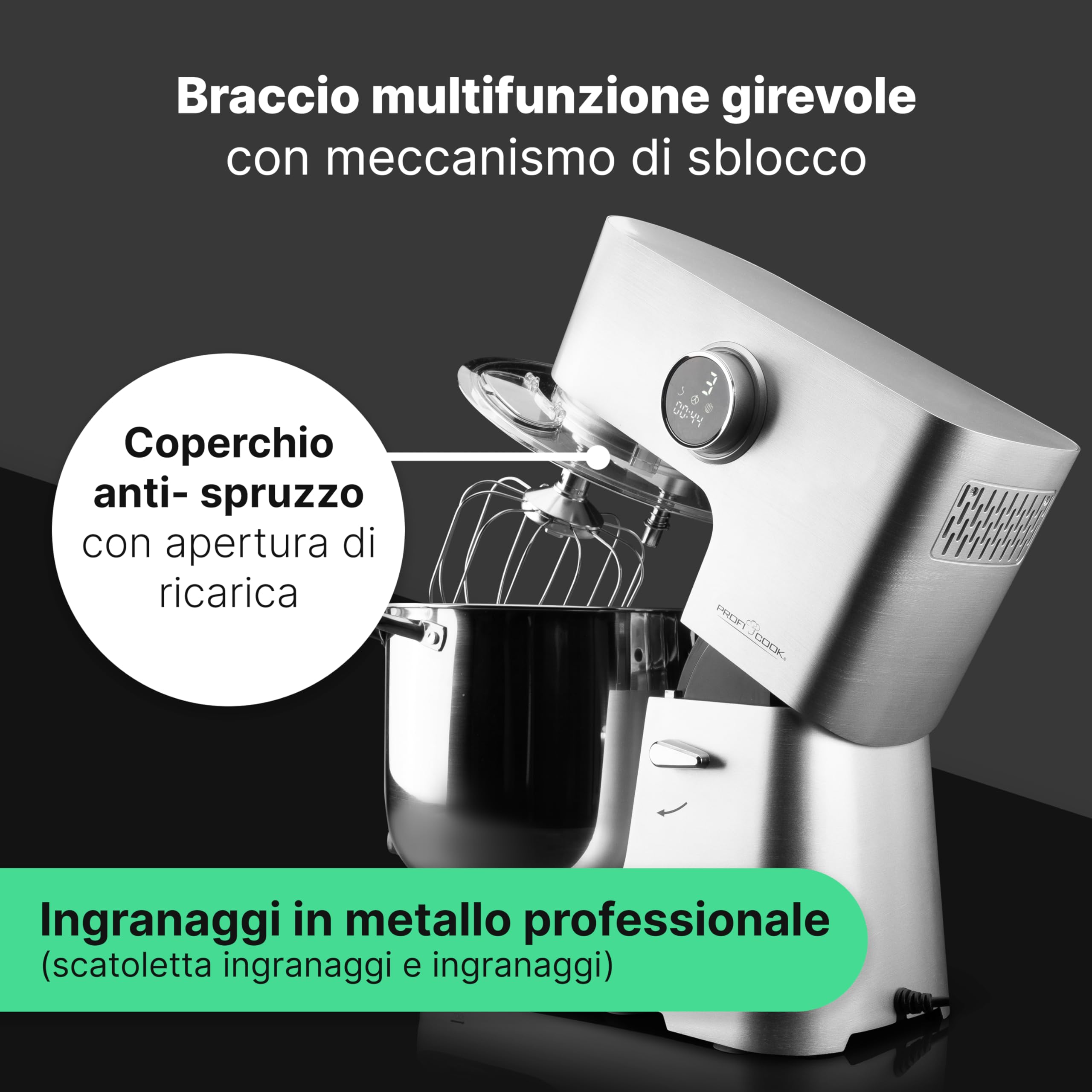 ProfiCook® Robot da cucina con ciotola XXL da 12 litri | Impastatrice con motore Longlife da 2500W | Ingranaggi in metallo e display a LED | Food Processor per impasti fino a 8,5 kg | PC KM 1254