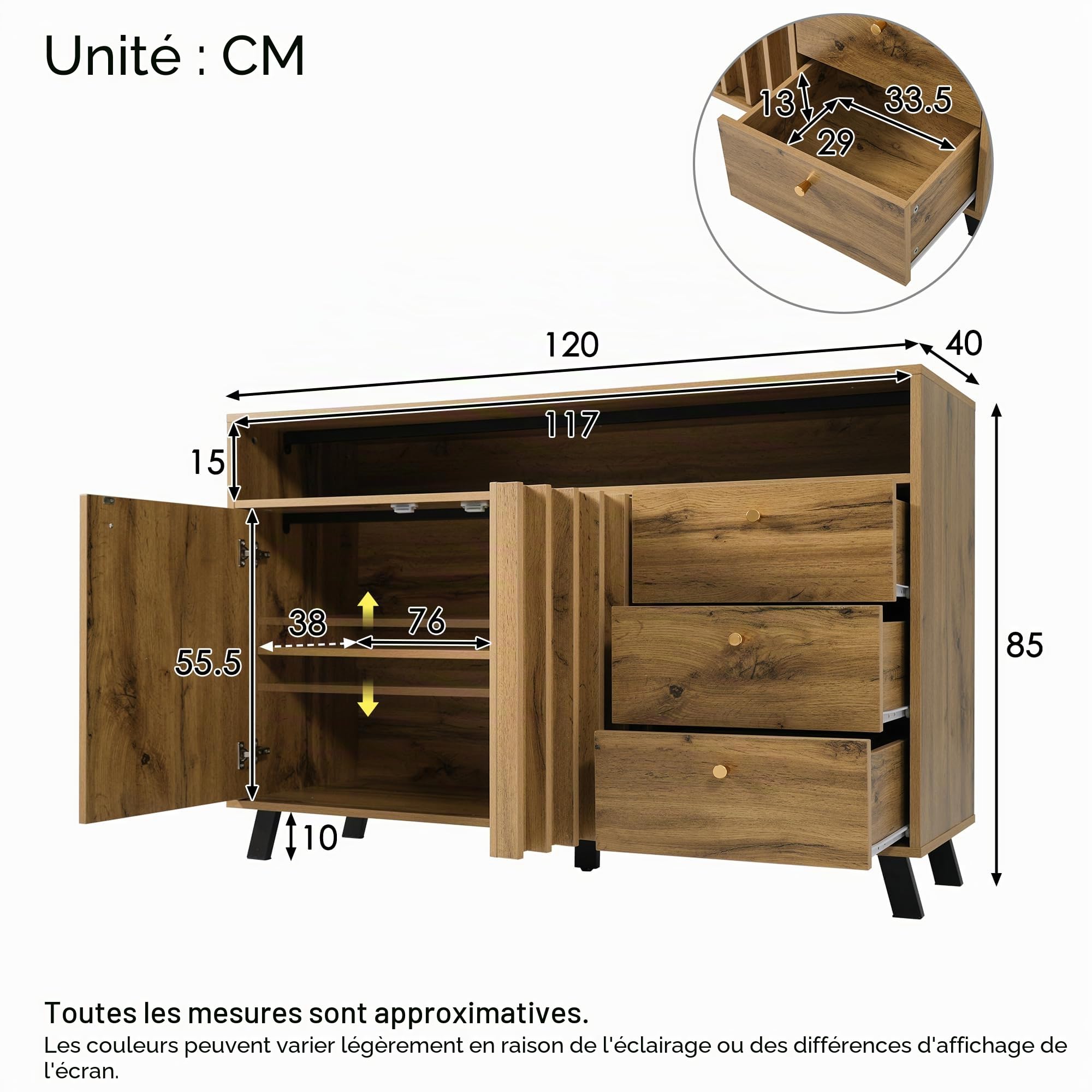 Merax Buffet avec compartiment ouvert et façade à lamelles, 3 tiroirs 2 portes, buffet en bois avec étagères réglables en hauteur, style vintage, chêne foncé/120x40x85 cm