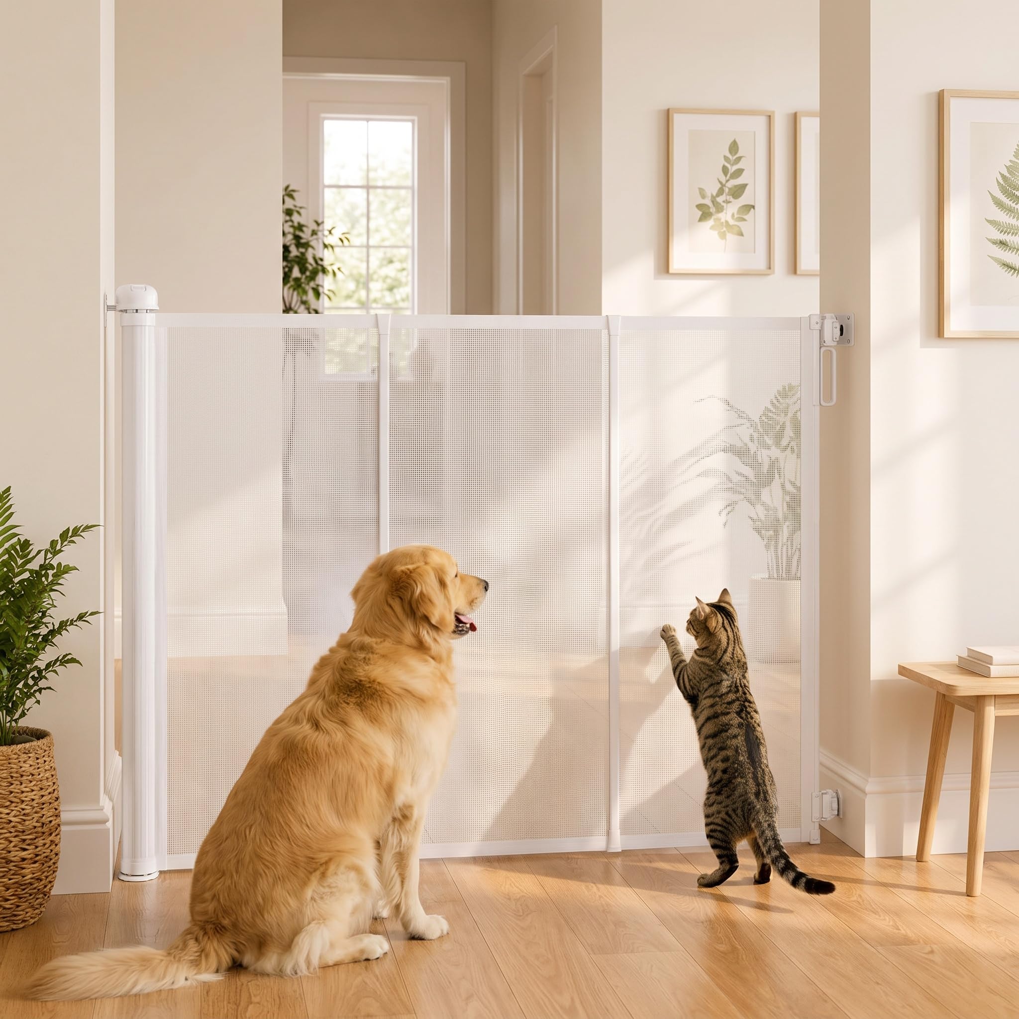 Barrera Retráctil Extra Alta para Mascotas, Ideal para Escaleras Y Puertas - Barrera De Malla Ancha para Perros Y Gatos - Puerta Y Valla para Perros, Apta White 47.24 Tall x 59.06 Wide