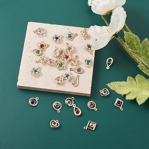 Miniatura 6 de Cheriswelry Colgantes de corazón de aleación de oro claro con diamantes de imitación, colgantes de cristal brillante, cuentas de flores para aretes,