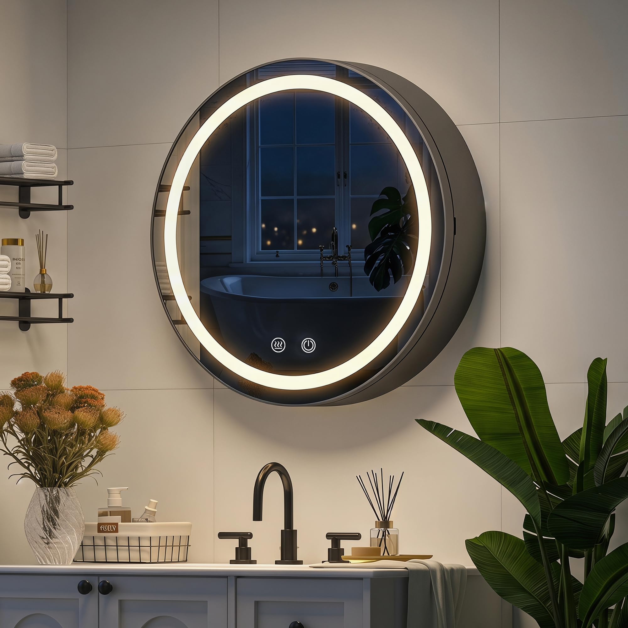 Rund Spiegelschrank Bad mit Beleuchtung, Rund Mirror Cabinet (60x12x60cm)