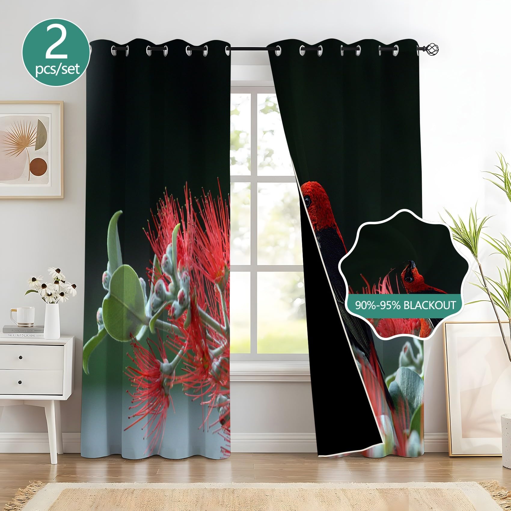 Generico Tende Uccello Tenda Oscurante da Interno fiori Tende Termiche Anti-Rumore per Interni 2 Pezzi 140x180 cm Ideali per Camera da Letto e Soggiorno H5529