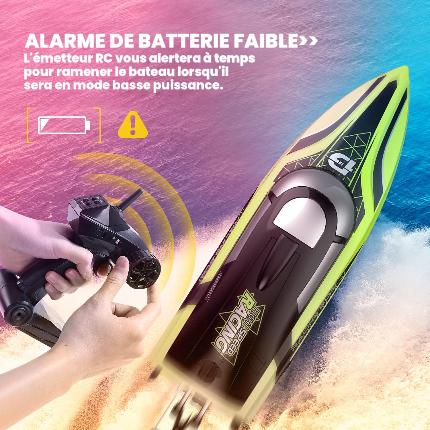 DEERC Bateau radiocommandé avec lumière LED, plus de 30 minutes