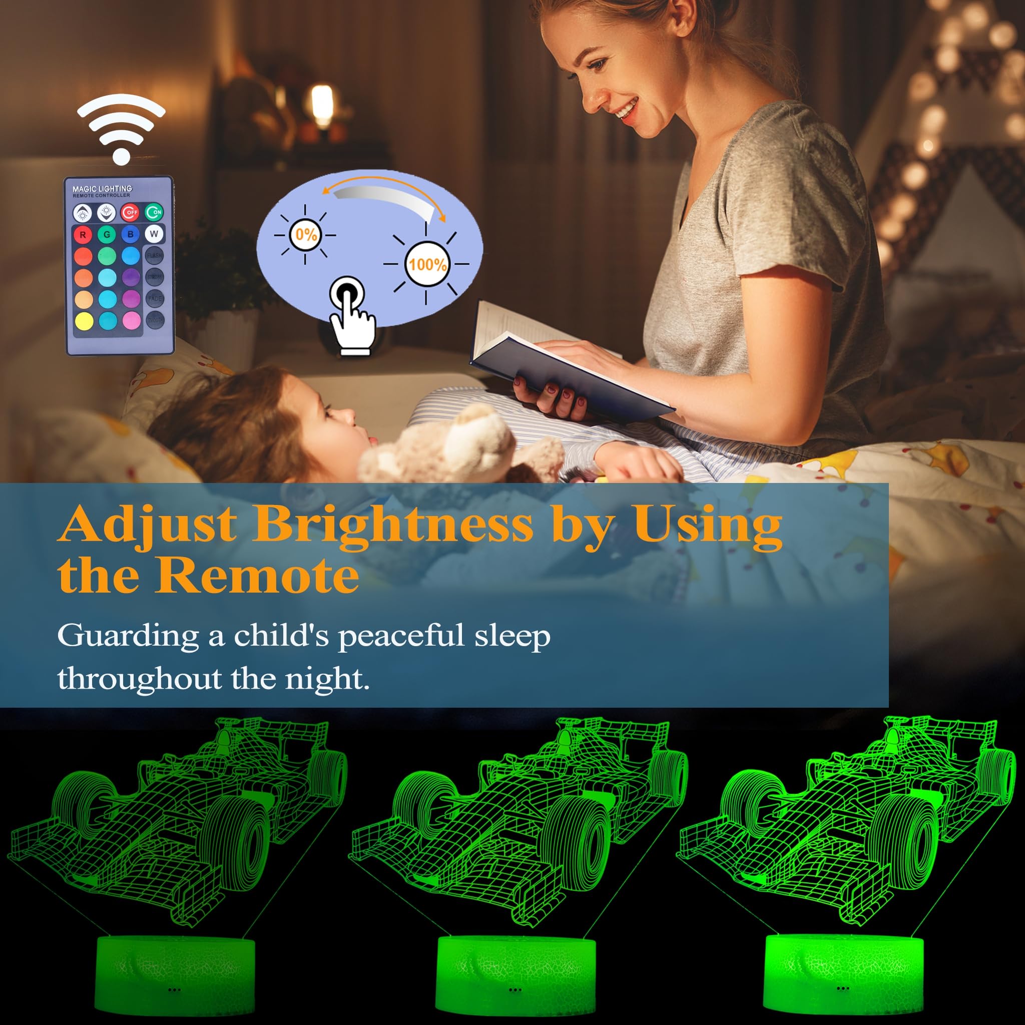 POSSHE Racing Car Gifts for Boy Race Car Night Light with Remote Control, 16 Colors Changing, RGB Flashing Mode and Dimmable - Image 3