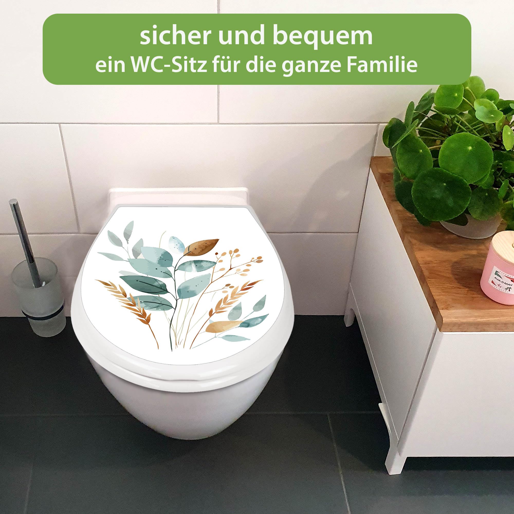 banjado Familien WC Sitz mit Absenkautomatik 44,9x37,1cm - Klobrille mit Kindersitz aus hochwertigem Polypropylen - Toilettendeckel mit Kinder Toilettensitz integriert - Motiv Minimalistische Blätter