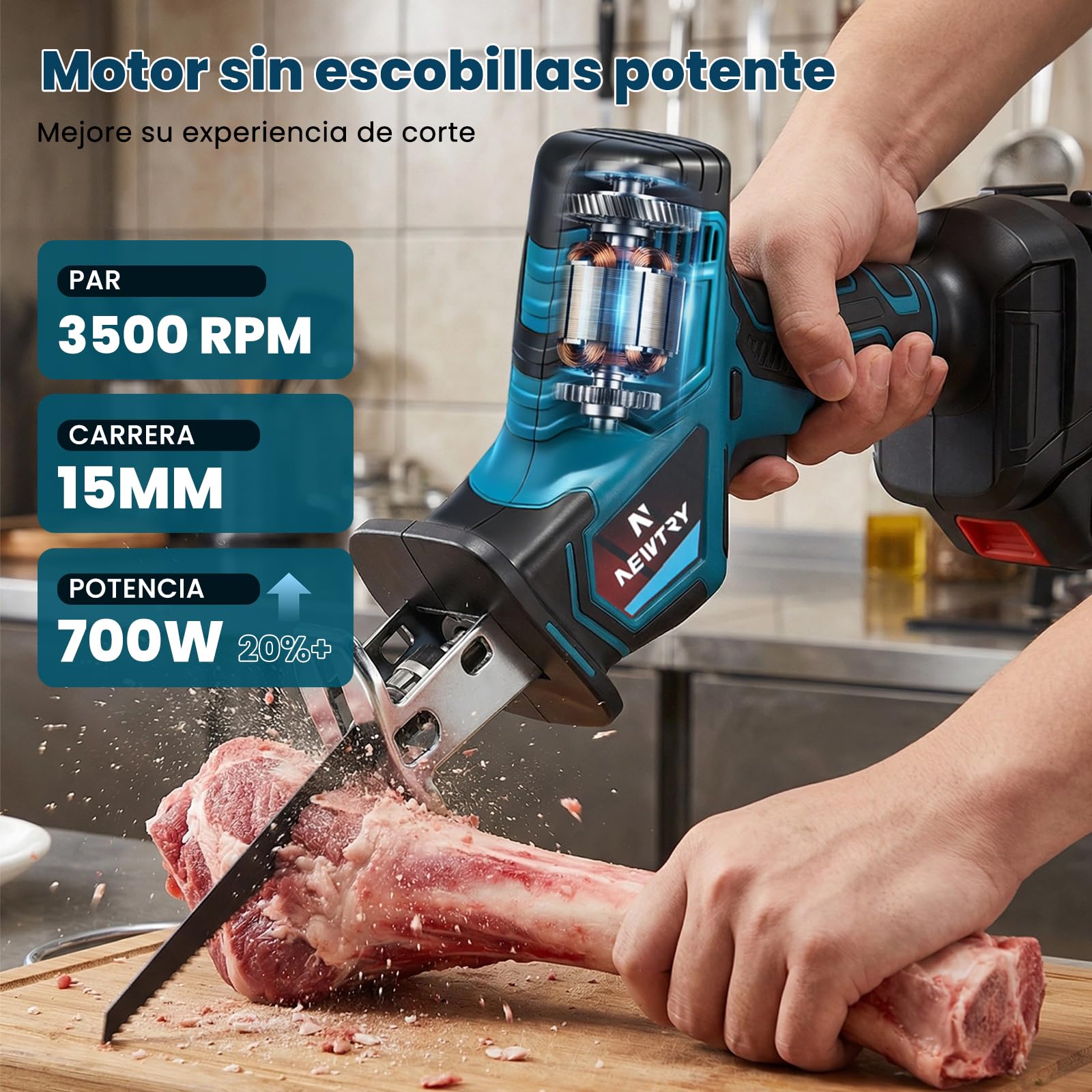 NEWTRY Sierra huesos inalámbrica 3000mAh 3500RPM 4 hojas carnicero | Sierra sable eléctrica, inalámbrica, potente, duradera, para carne, huesos, uso doméstico, matadero, alta eficiencia