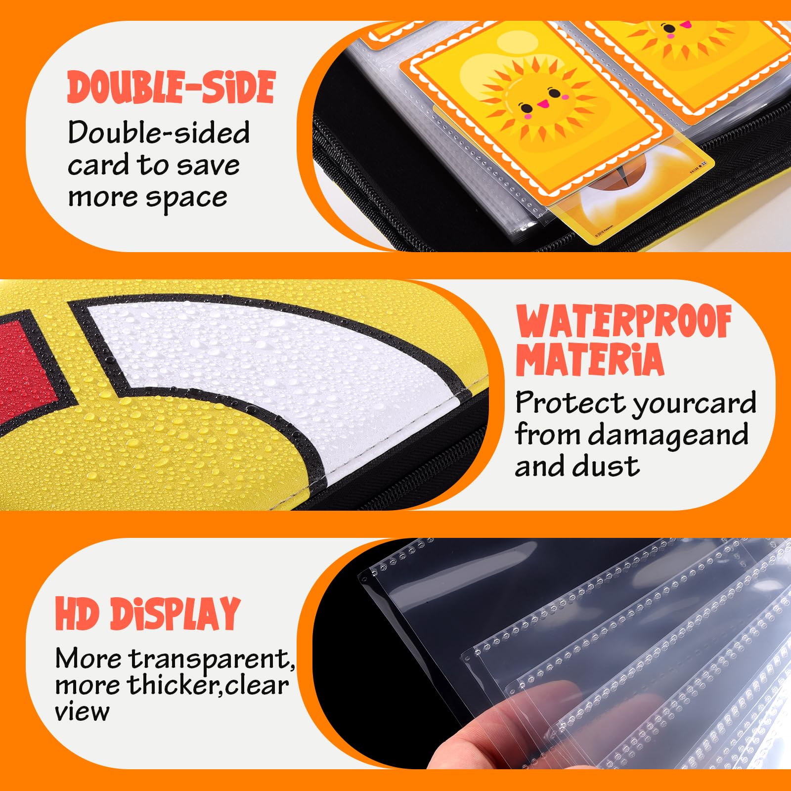 Trading Card Binder-400 Card Holder, 4 Pockets with Removable 50 Sleeves, Card Collector Album with Zipper, Portable Display Storage Holder Book for Sports Card, Game Card(Yellow)