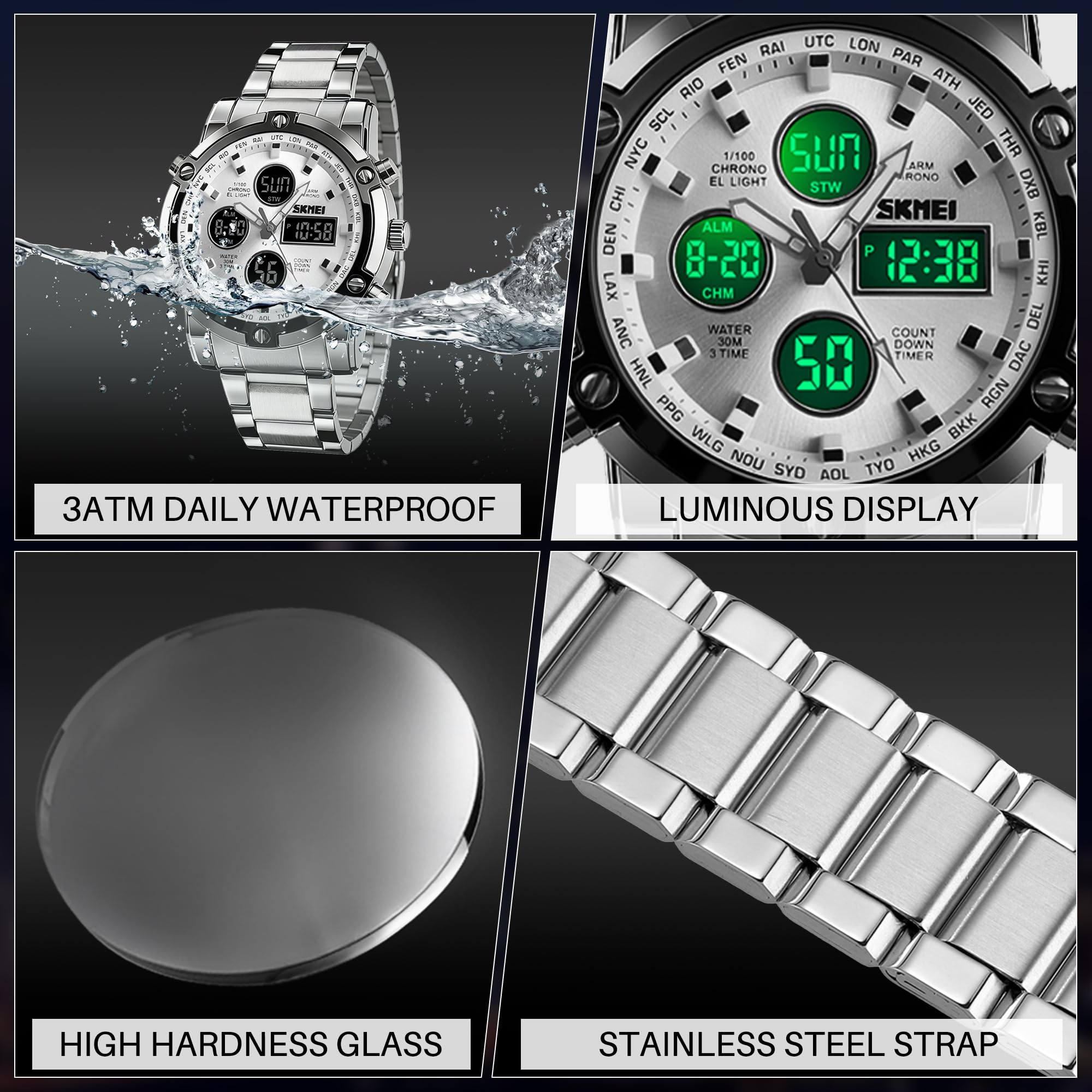 SKMEI Herren-Armbanduhr, wasserdicht, Militär, analog, digital, mit LED, Chronograph, Edelstahl, Business-Uhren für Herren