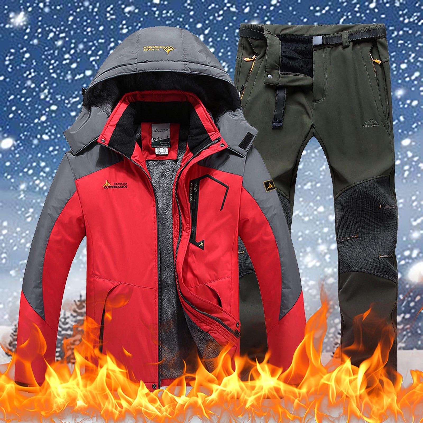 Uomo e donna abbigliamento da sci invernale antivento con cappuccio giacca e pantaloni adatti per abbigliamento da sci casual all'aperto