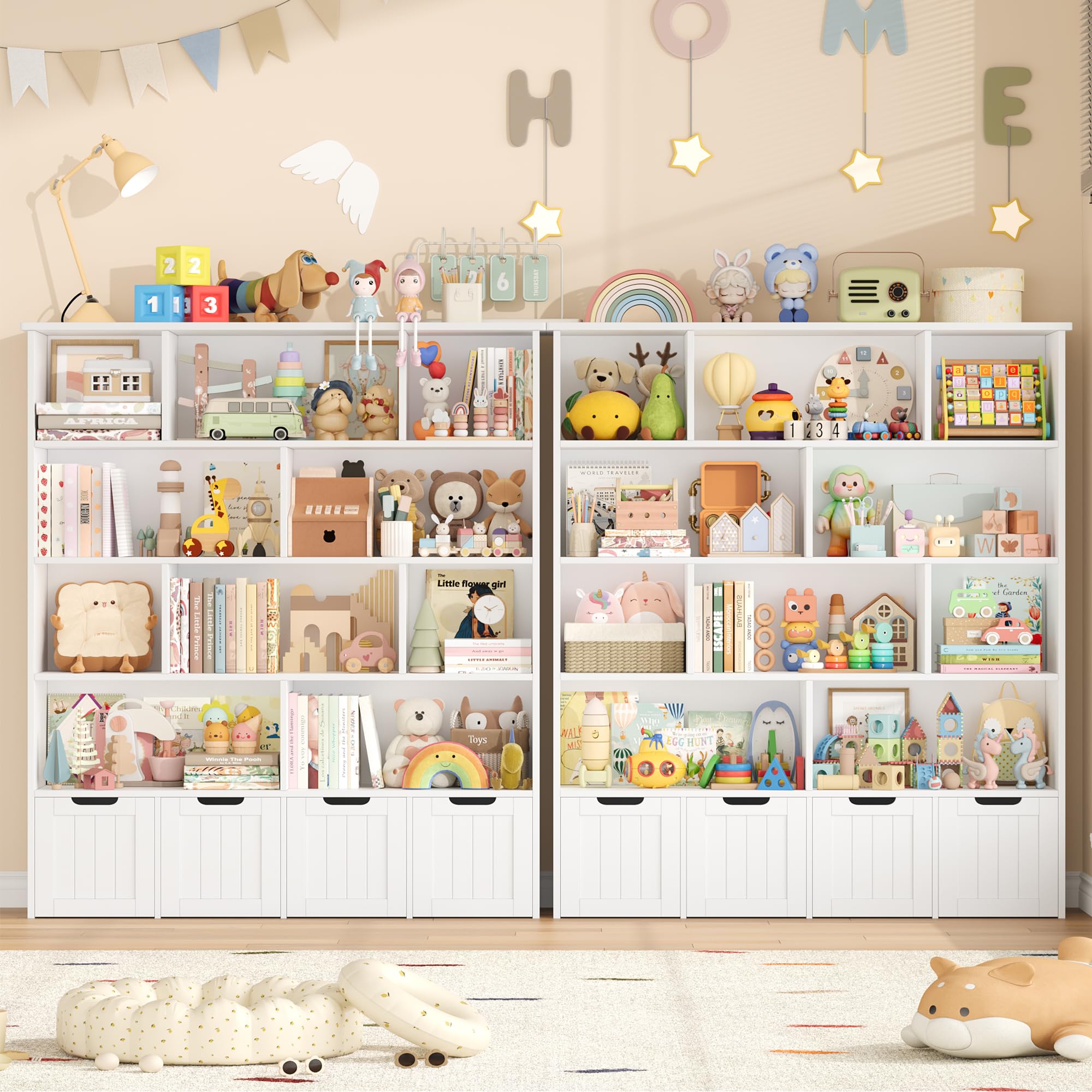 FOREHILL Mueble Organizador Juguetes, Mueble Almacenaje Juguetes, Estanteria Montessori, Organizador de Juguetes Infantil, 4 Cajones con Ruedas, 10 Compartimentos, Blanco 125.5x33x146 cm